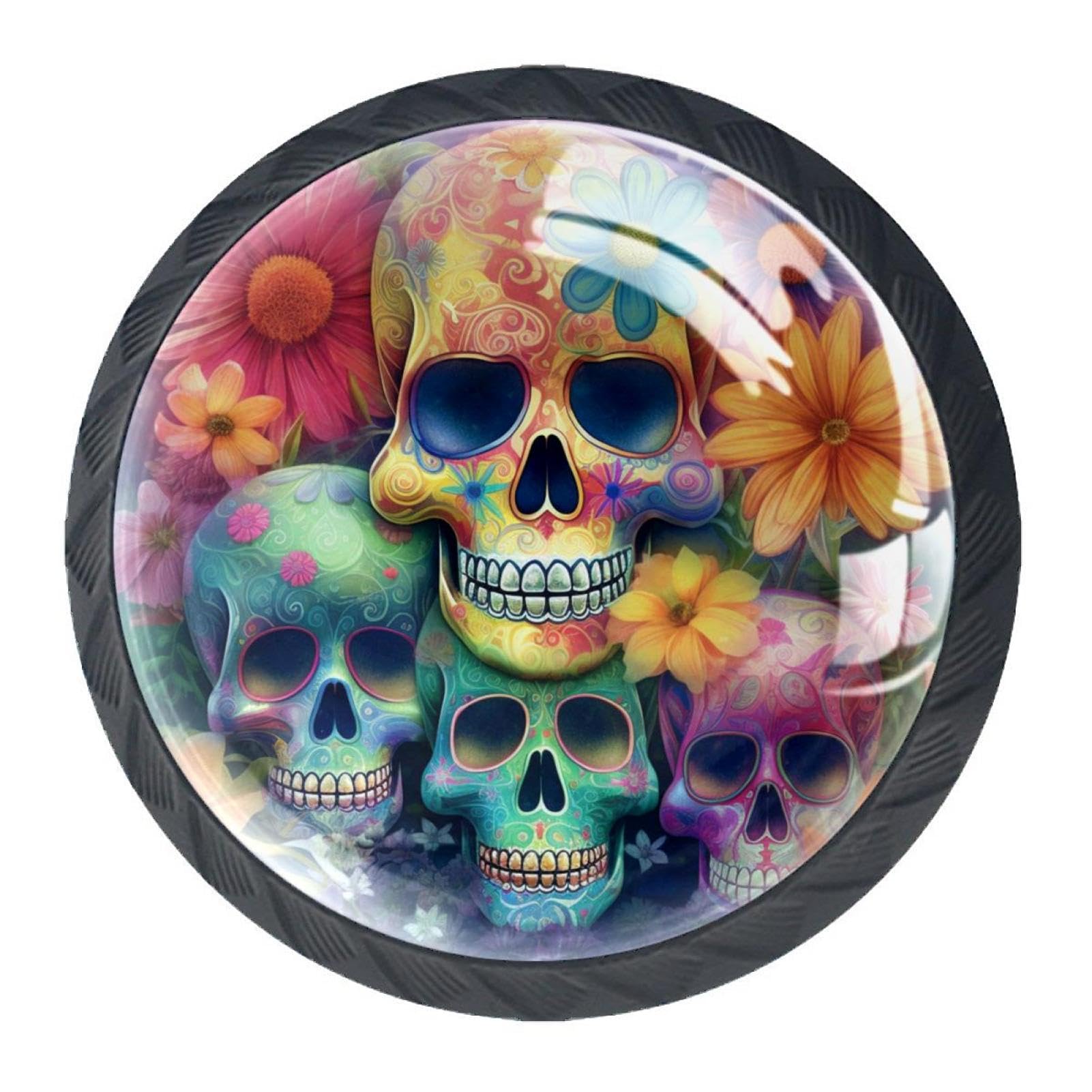 Luoweisi Multi 9 4 Pcs Round Cabinet Knobs, Black Drawer Knobs, Skull Floral Kitchen Hardware Cupboard Knob, Single Hole Handle With Screws For Home Decorating Cupboard Wardrobe Door