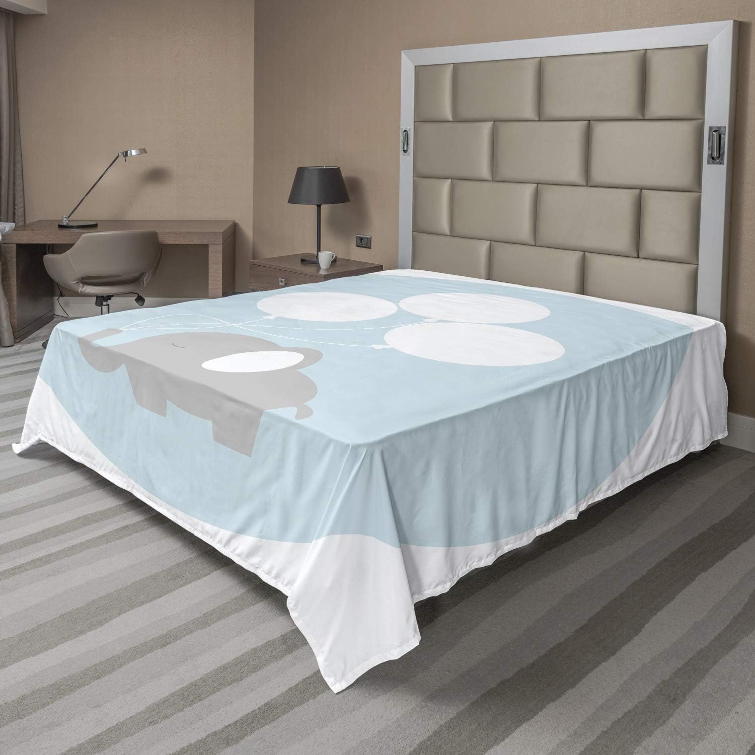 Ambesonne Animal Cartoon Flat Sheet, Little with Big Balloons Happiness Funny, Soft Comfortable Top Sheet Decorative Bedding 1 Piece, Full Size, Pale Blue White Mauve