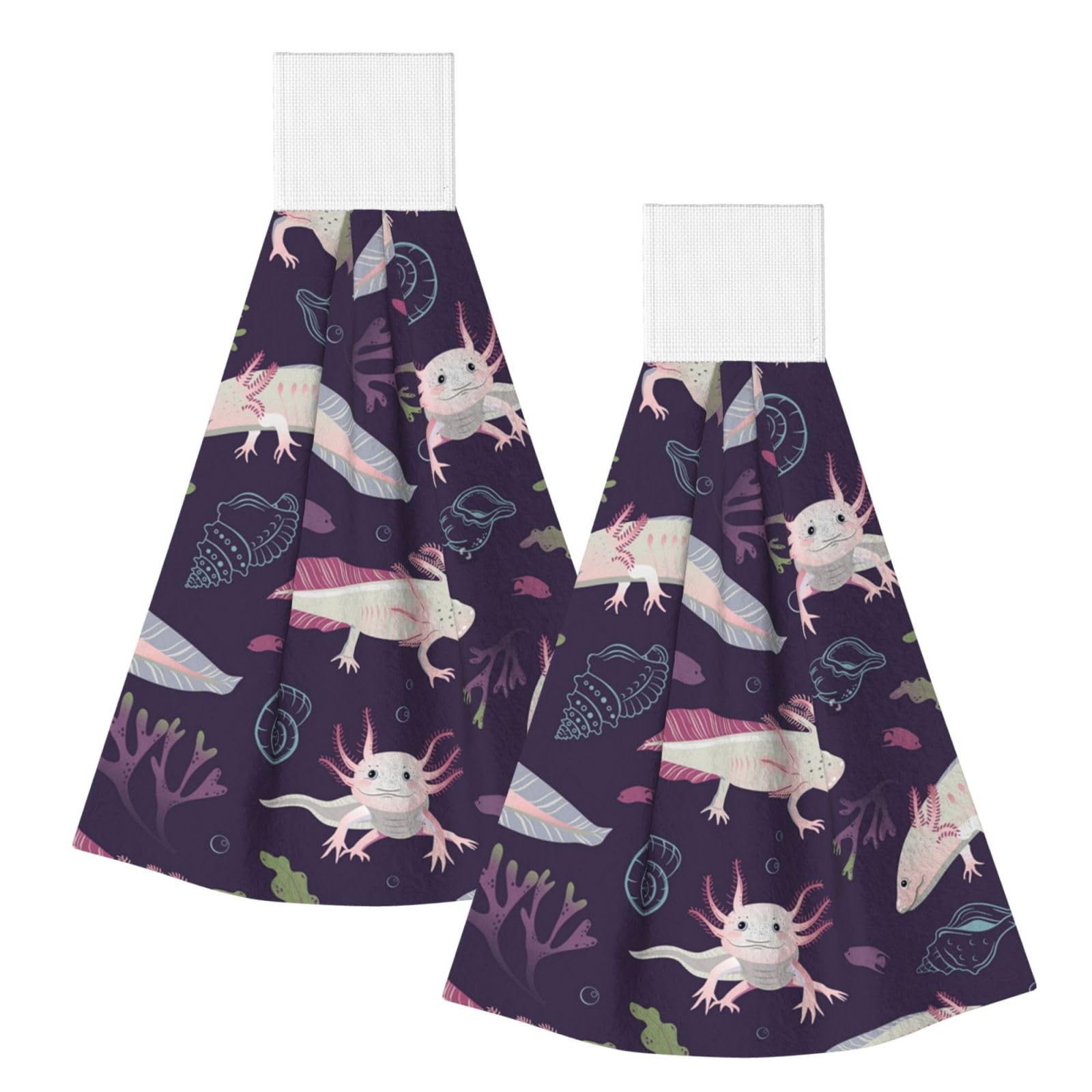 DOPKLNA Axolotls, 2 Pcs Hanging Coral Fiber Hand Towels for Bathroom, Absorbent Kitchen Towels