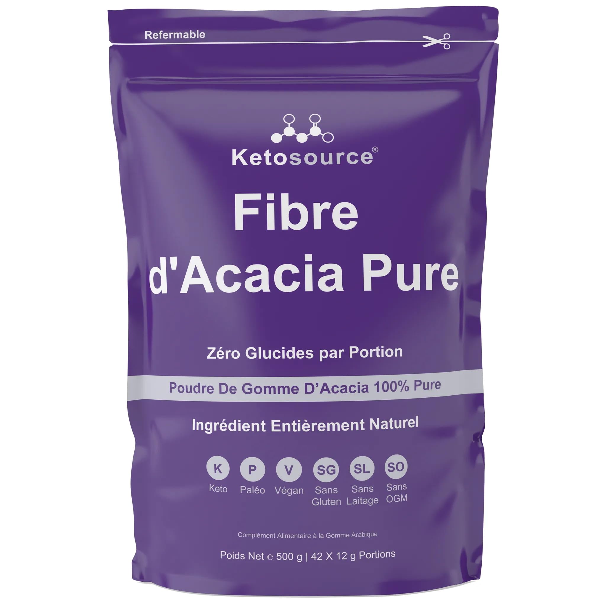 Ketosource® Fibre d'Acacia Pure 500g Supplément de fibres solubles prébiotiques 0g glucides Zéro calories