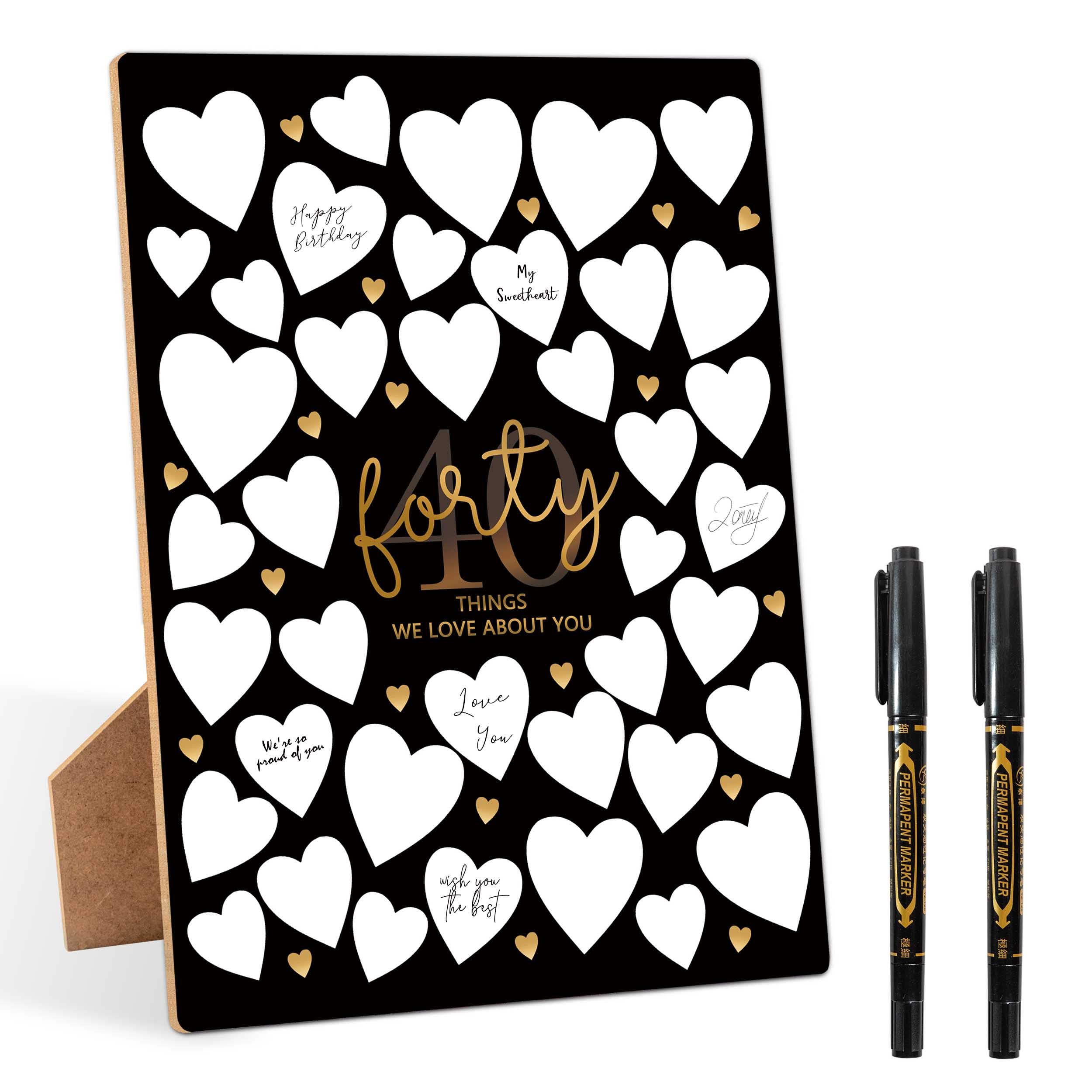 40 Things We Love About You Black Guest Book Alternative, 40th Birthday Party Signing Wooden Board 8x11 Inch with Pen, Birthday Favor Supplies