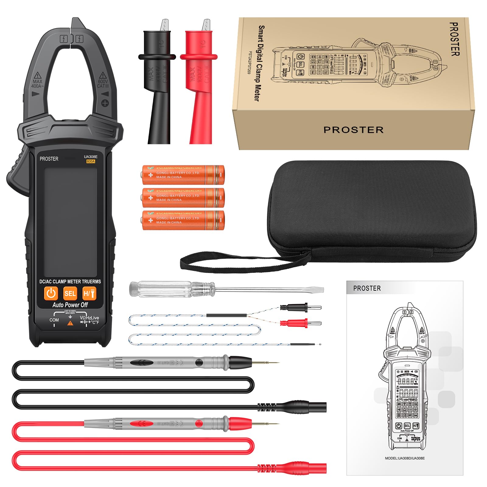 Proster Pinza Amperimétrica TRMS 6000 Cuentas - Medición de Corriente AC/DC 800A, Voltaje 600V, NCV, Resistencia, Diodo y Temperatura con Pantalla Grande y Bolsa de Almacenamiento