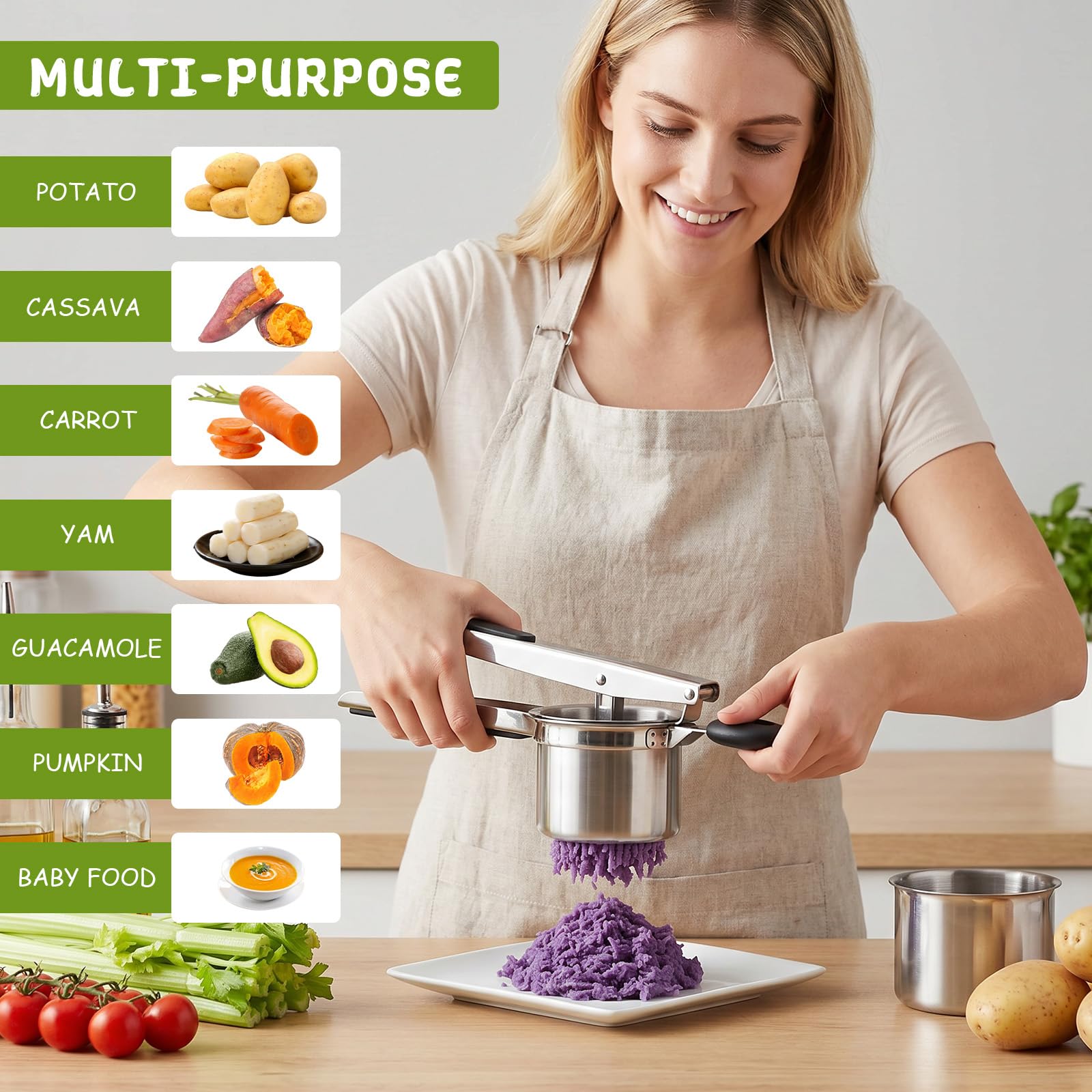 Kartoffelpresse Edelstahl Spagettieis Quetsche 450ml Spaghetti Eispresse mit 3 Austauschbare Sieb und Reinigungsbürste Kartoffelpüree, Spätzle, Gnocchi, Gemüse und Saucen