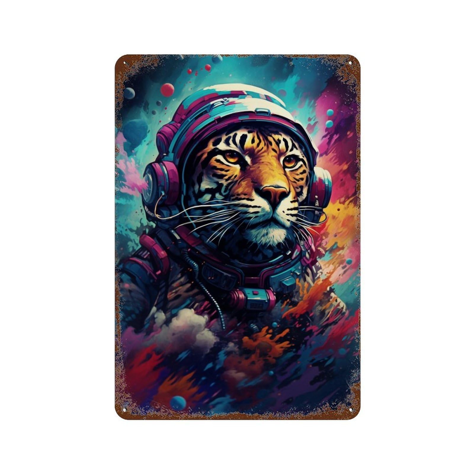 Tiger Astronaut in Space Distressed Metal Wall Sign 11.8"x7.9", Ideal for Garage, Bar And Workshop Decor