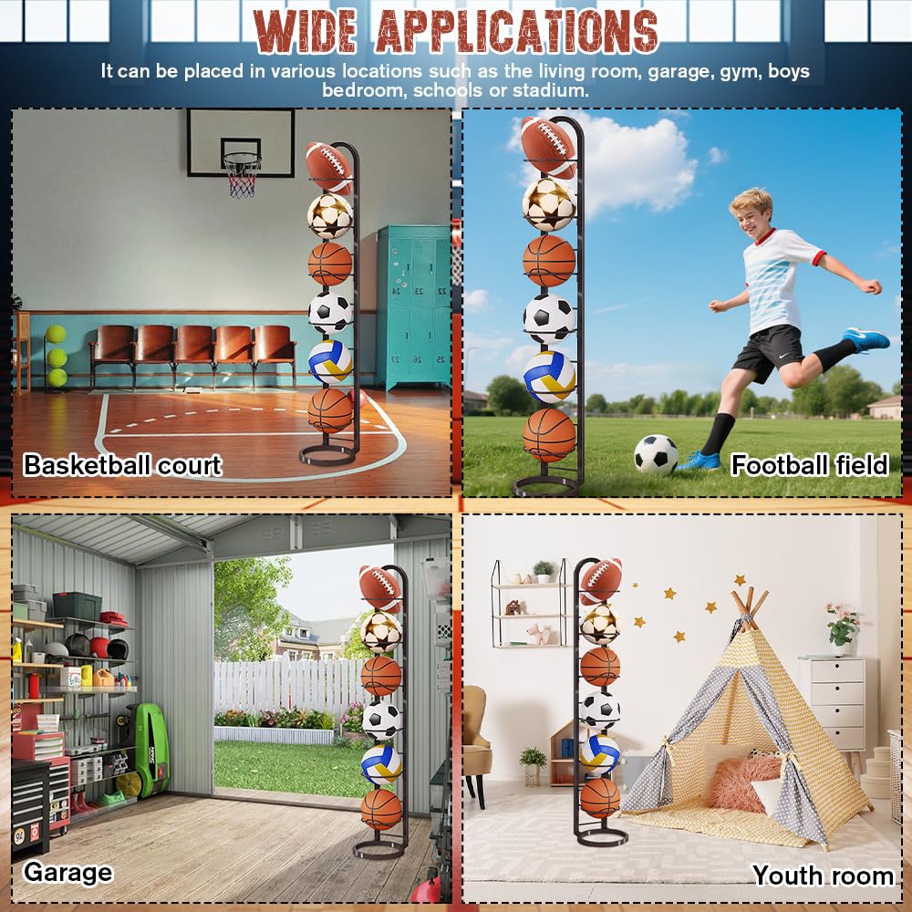Support Ballon Basket Vertical 6 Niveaux, Range-Ballons Amovible pour Basketball Football