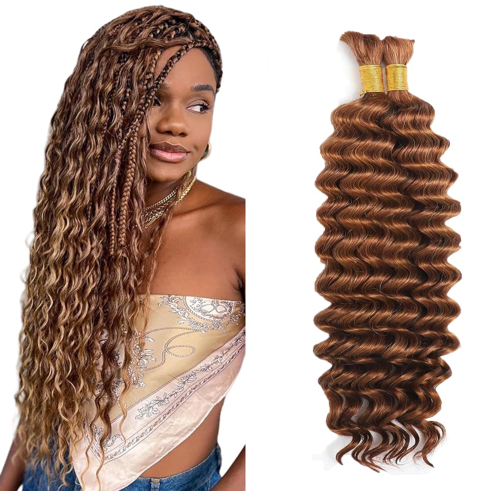Evaxilc #30 Dark Brown Human Braiding Hair Boho Braids Deep Wave 32 32 Inch Boho Hair For Braiding 2 Bundles/Pack No Weft Unprocessed Virgin Hair Light Brown Color