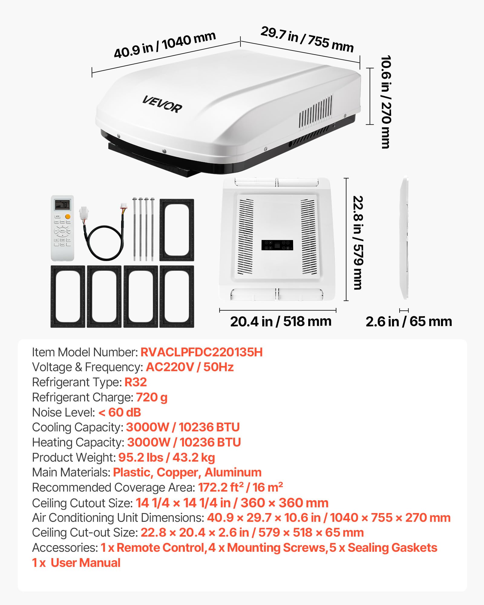 VEVOR Climatiseur de Toit sans Conduit, 3000 W Système Climatisation pour Camping-car et Caravane, 220 V, Mode Refroidissement et Pompe à Chaleur, Unité AC avec Commandes ADB et Télécommande, Blanc