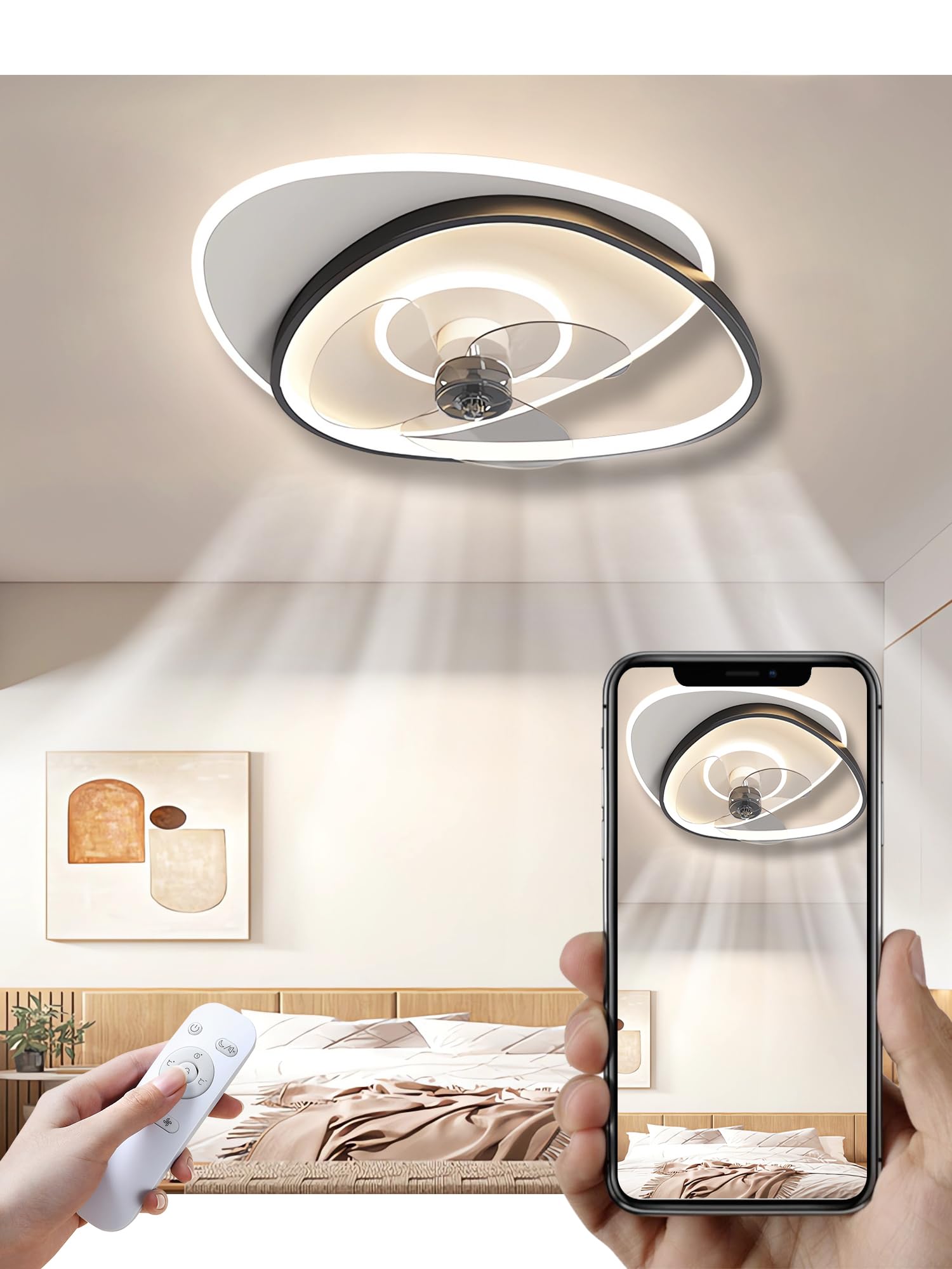 Cichy wentylator z oświetleniem Lampa sufitowa LED z wentylatorem Nowoczesny ściemnialny z pilotem Światło wentylatora sufitowego do sypialni Jadalnia Pokój do nauki (czarno+biały, 46cm)
