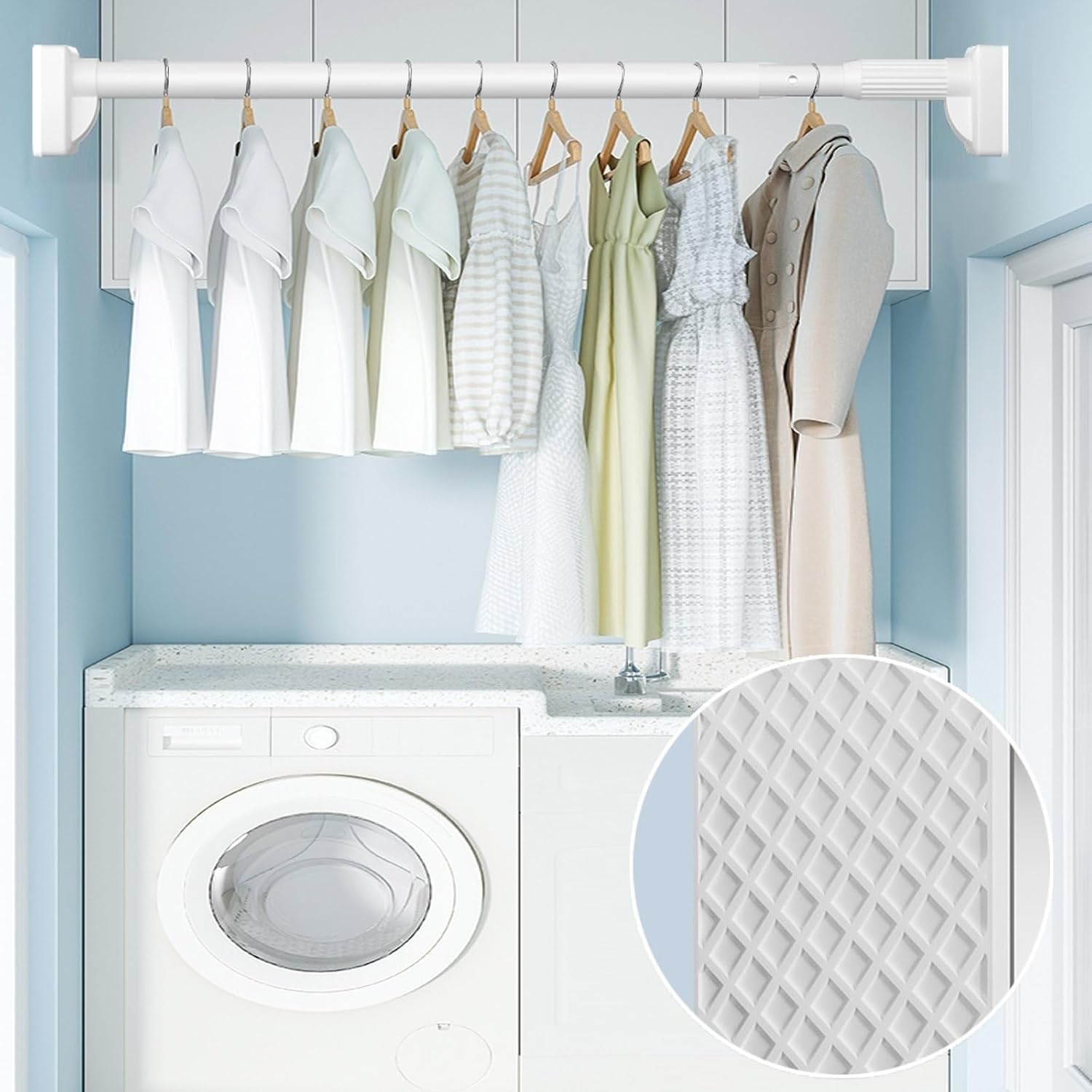 Gardinenstange ohne Bohren, Duschvorhangstange, Vorhangstange Klemmstange Teleskopstange, für Badezimmer, Kleiderschrank, Fenster, Raumteiler(Weiß,70-120cm)