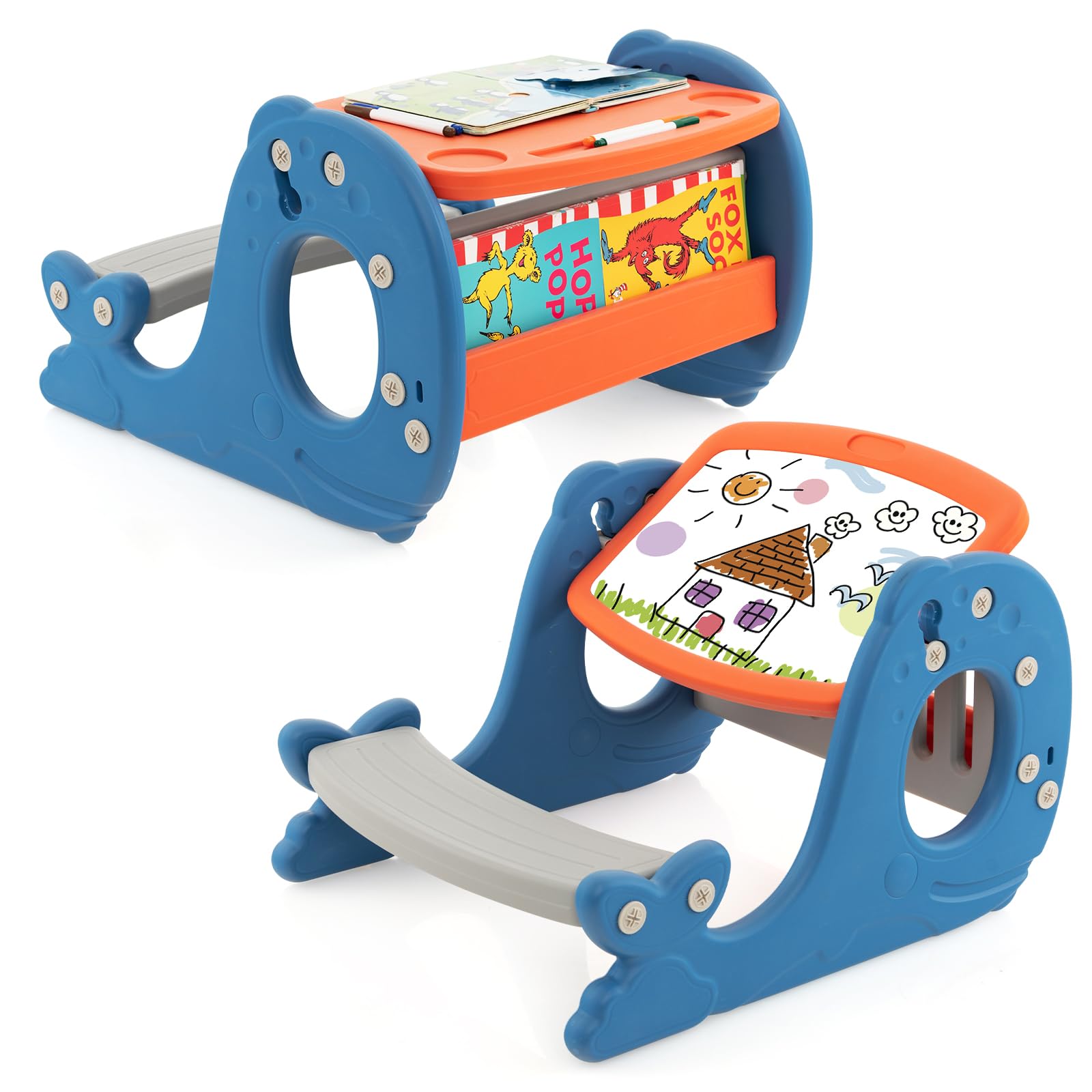 DREAMADE 4 in 1 Kinder Staffelei mit Stuhl, multifunktionale Kinderstaffelei mit Wendbare Tischplatte, Whiteboard & Bücherregal, Kindertisch Aktivitätstisch Zeichentisch für Kinder ab 1 Jahre