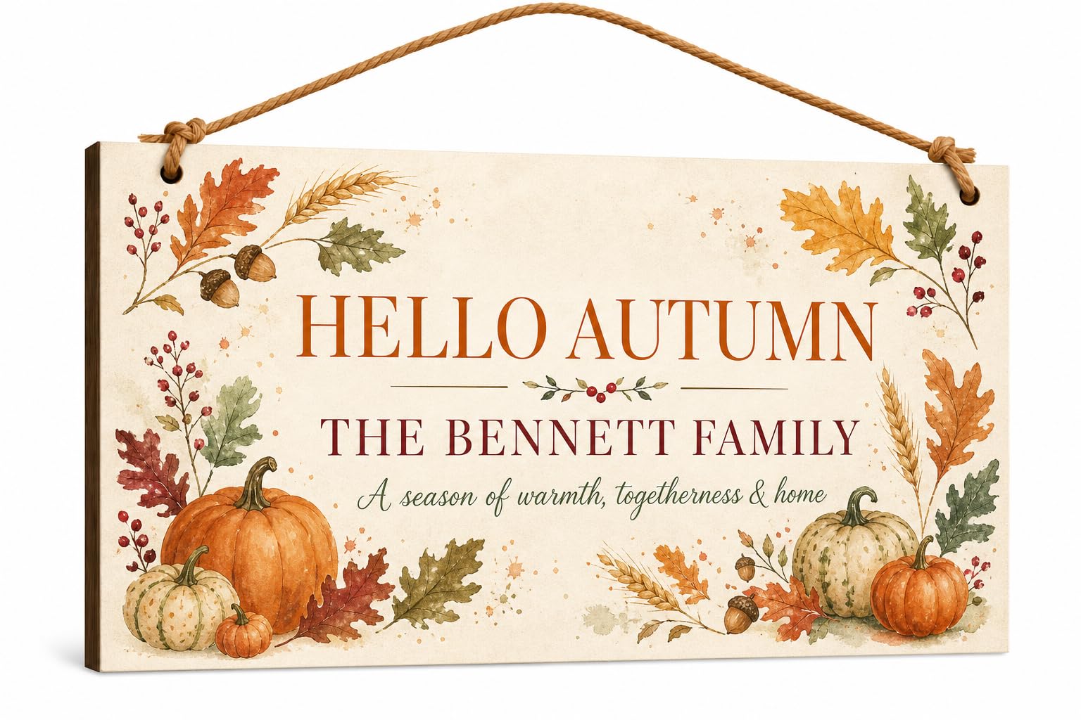 Personalised Hello Autumn Sign – Family Name Wooden Hanging Plaque 20x10cm
