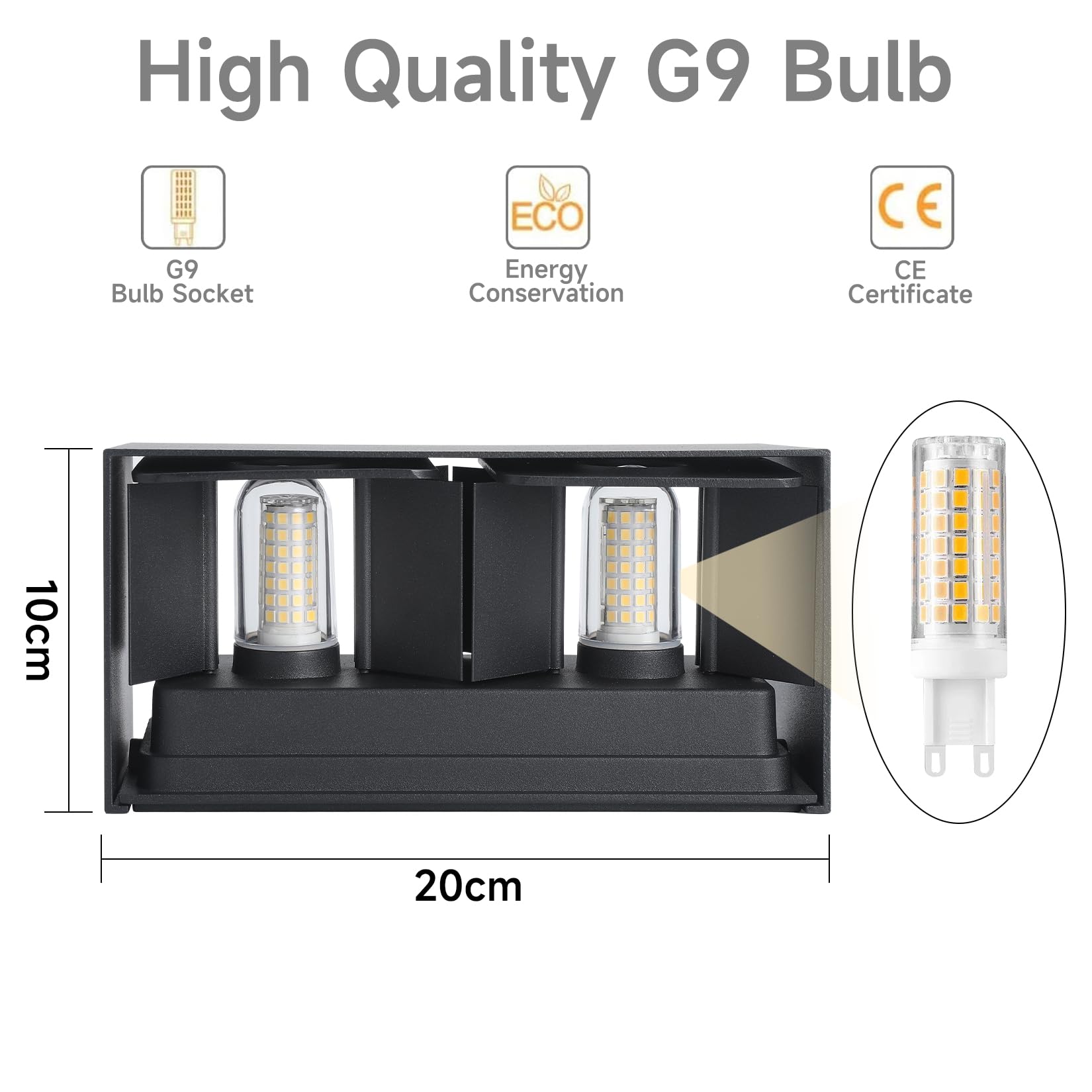 Lampada da Parete Esterno/Interno con Lampadina G9 Sostituibile IP65 impermeabile Applique da Parete Esterne Alluminio Angolo del Fascio Regolabile Retangolo Nero, 3000K Luce Caldo