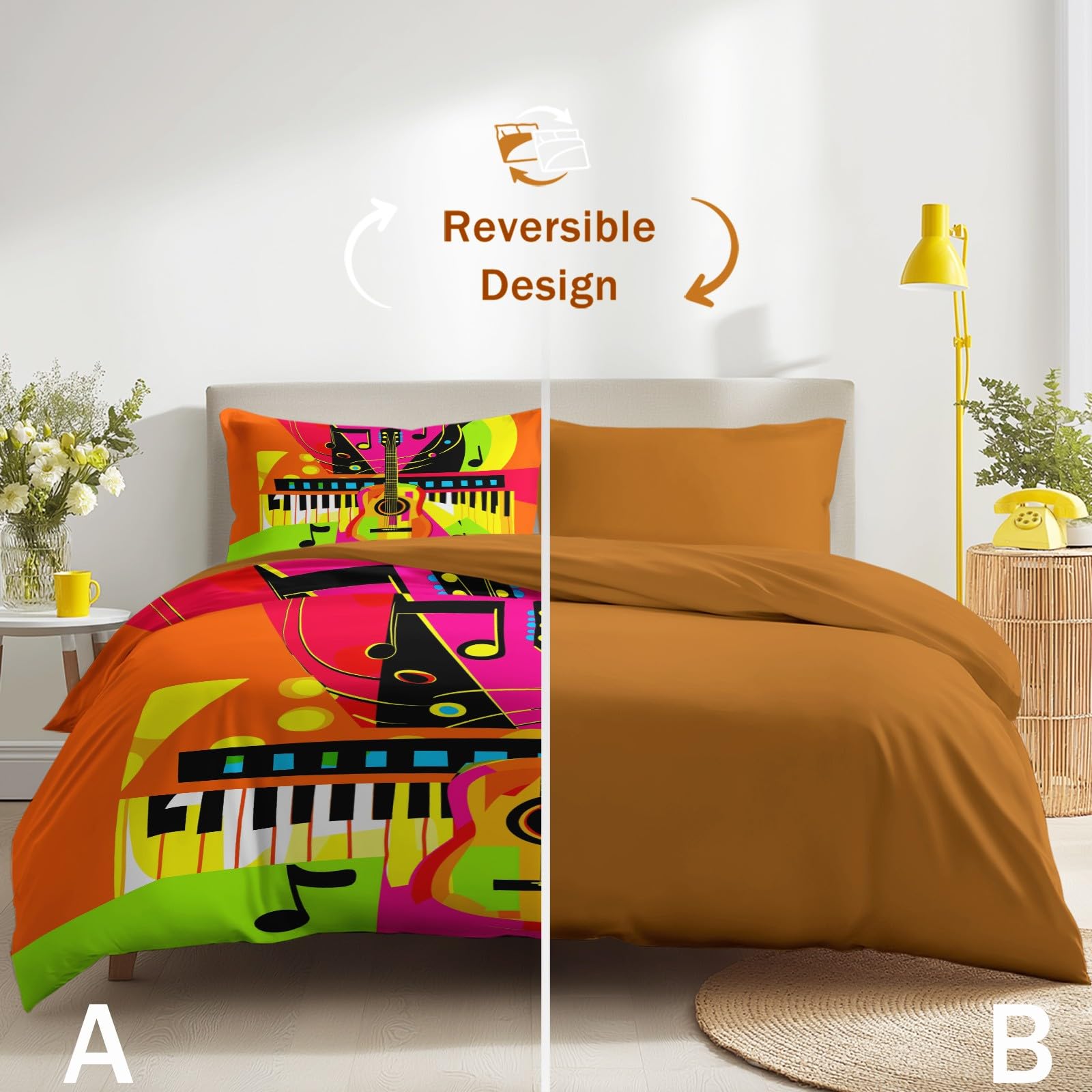 Rock Music Ropa de cama de 200 x 200 cm, 3 piezas, juego de funda nórdica – Pop Art guitarra piano partituras suave microfibra reversible ropa de cama con 2 fundas de almohada, naranja