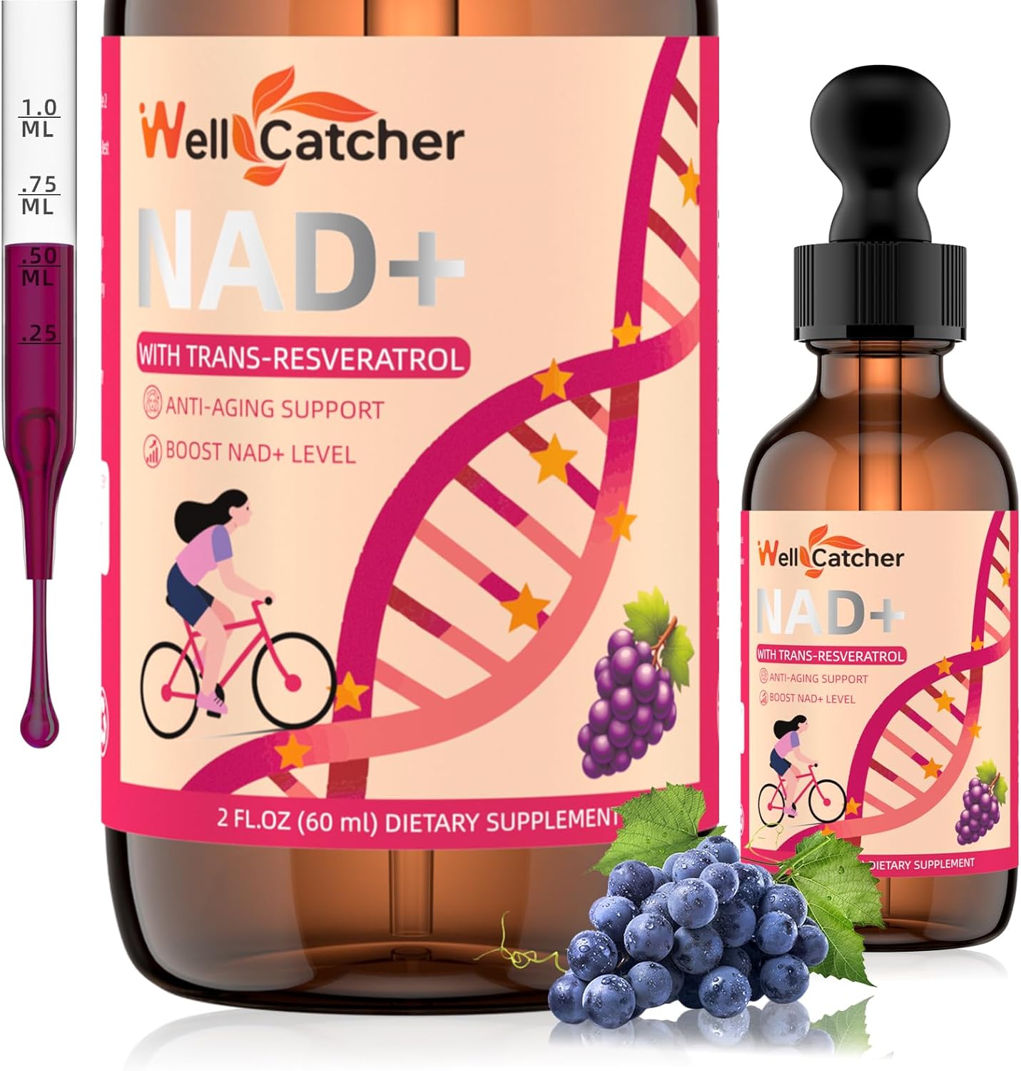 NAD+ Liquid Supplement for Women Men: NAD+ Resveratrol Drops with Grape Seed Extract CoQ10 Zinc Vitamin B2 Nicotinamide Riboside Support Energy Anti-Aging & Heart Health Grape Flavor 30 Servings