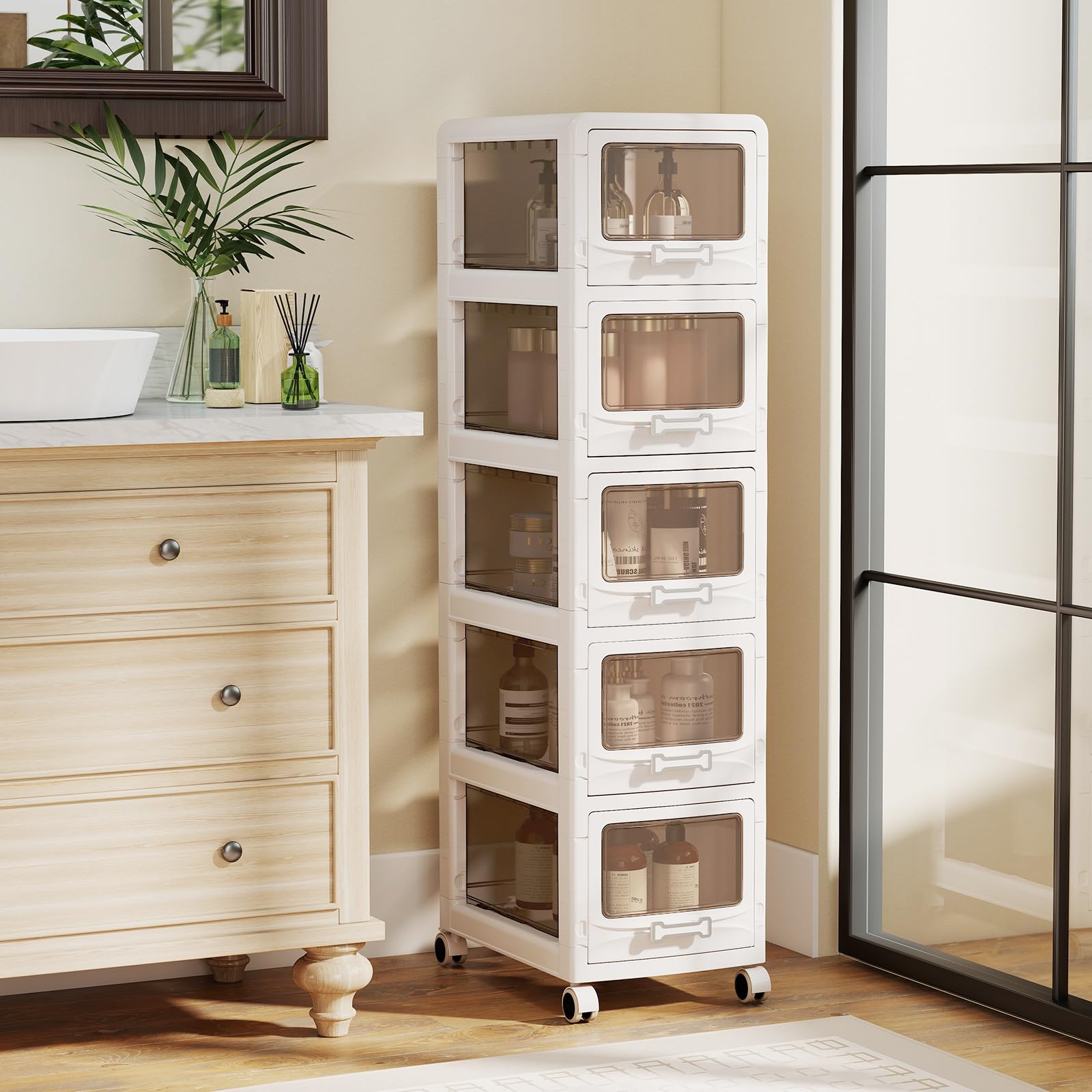 COSTWAY Cassettiera Plastica Trasparente con 5 Cassetti, Carrello Salvaspazio con Ruote Bloccabili e Maniglie, Design Antipolvere, Piedistallo Mobile per Bagno, Cucina e Ufficio (5 cassetti)