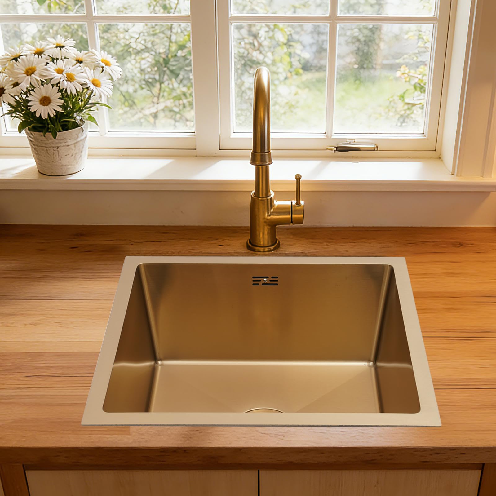 Fregadero de cocina de 50 x 45 cm, acero inoxidable dorado, con filtro de drenaje, 1 lavabo para encimeras e instalación integrada, para cocinas abiertas, bares, islas centrales, balcones