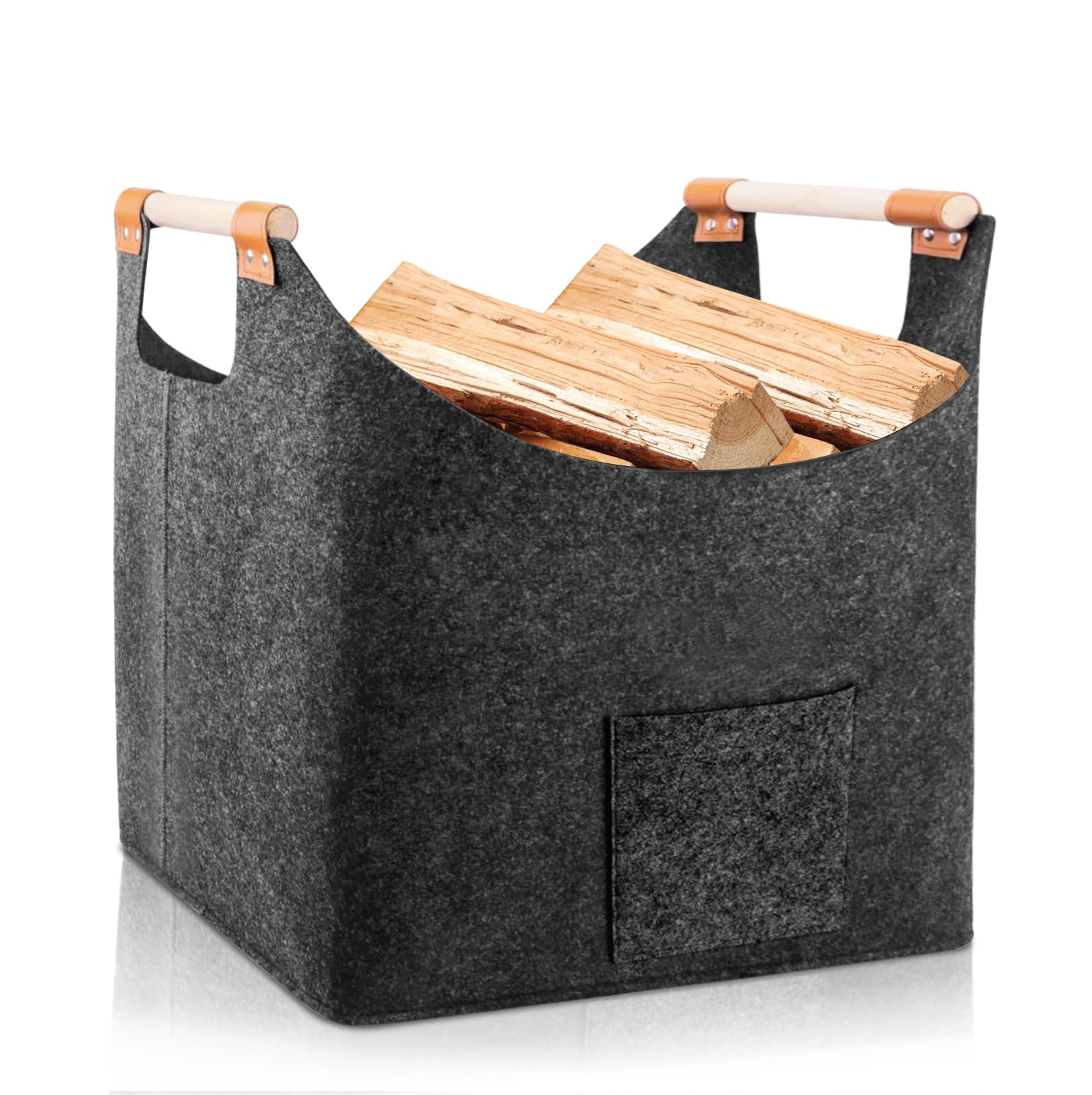 Panier à bois de chauffage en feutre pliable avec poignée en bois renforcé, panier de rangement pour bois de cheminée, courses, journaux (gris)