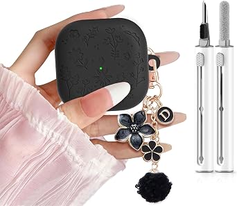 for Samsung Galaxy Buds 4 Case/Galaxy Buds 4 Pro Case Cover,Cute Engraved Flower Cover for Samsung Galaxy Buds 4/4 Pro,Silicon Skin with Girly Floral Keychain&Cleaing Pen Women Girls-Black