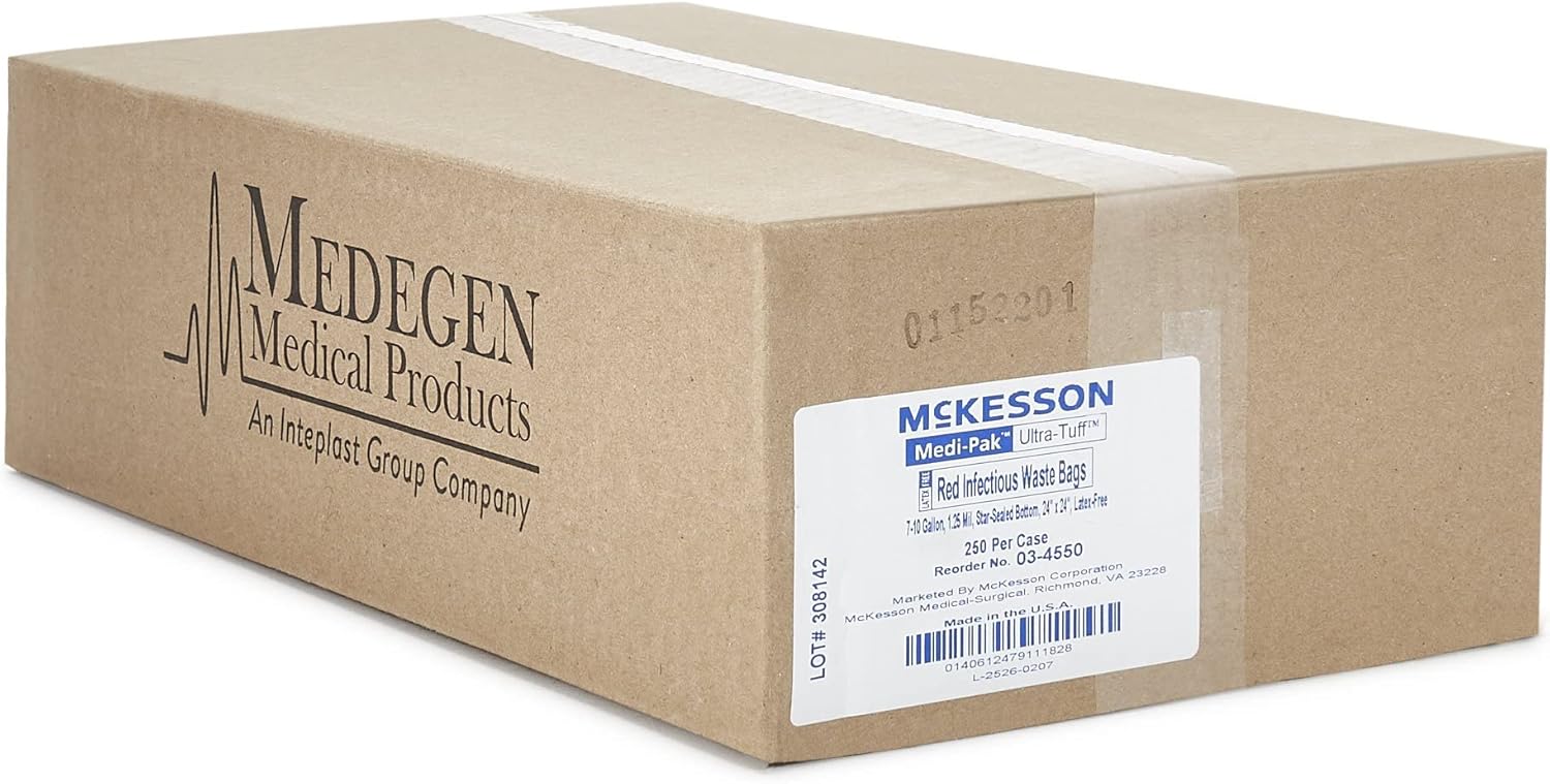 McKesson Infectious Waste Bag, Biohazard, Star Sealed Bottom, Red, 1.25 Mil, 7 to 10 gal, 24 in X 24 in, 250 Count : Industrial & Scientific