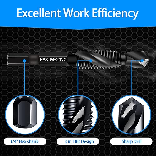 Miniatura 4 de Juego de 6 brocas combinadas, roscado de rosca en tamaño SAE 6-32nc 8-32nc 10-32nc 10-24nc 12-24nc 1/4-20nc con revestimiento negro antioxidante