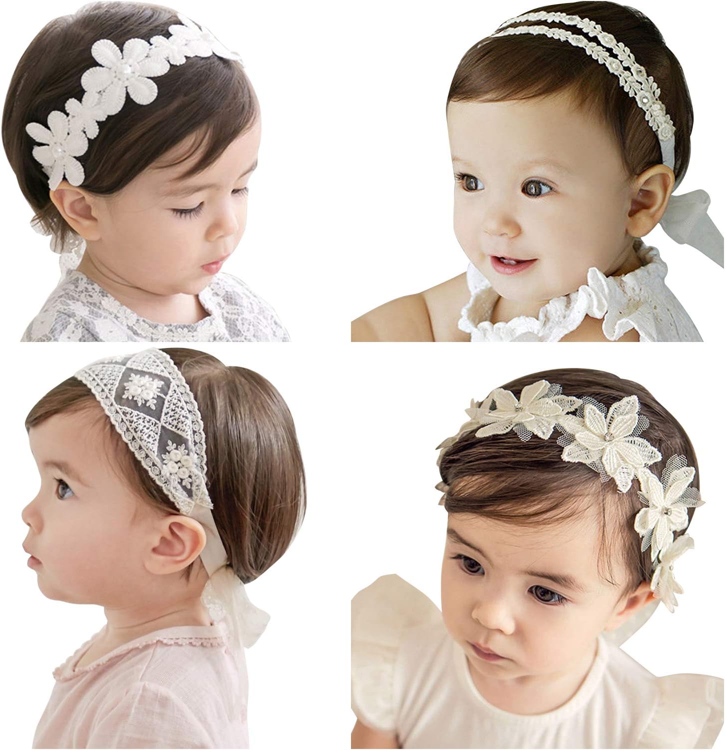VEGCOO4 Pcs Baby Girl Headbands with Grosgrain Ribbon Faux Leather Stars for Baby, Girl, Toddler, Kids as Party/Wedding/Photography Accessories (White)