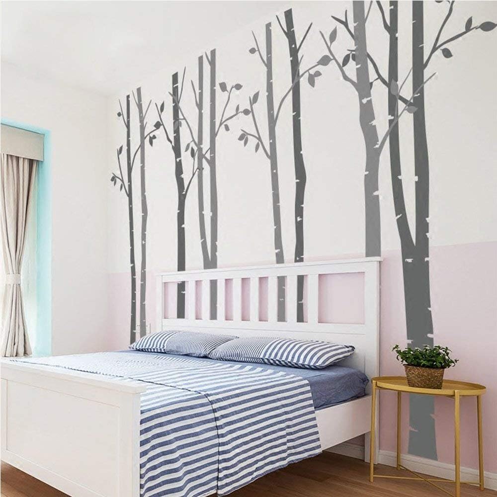 7.8ft Dark Grey and Light Grey Birch Tree Vinyl Wall Decals Nursery Forest Family Tree Wall Stickers Art Decor Murals - Set of 8