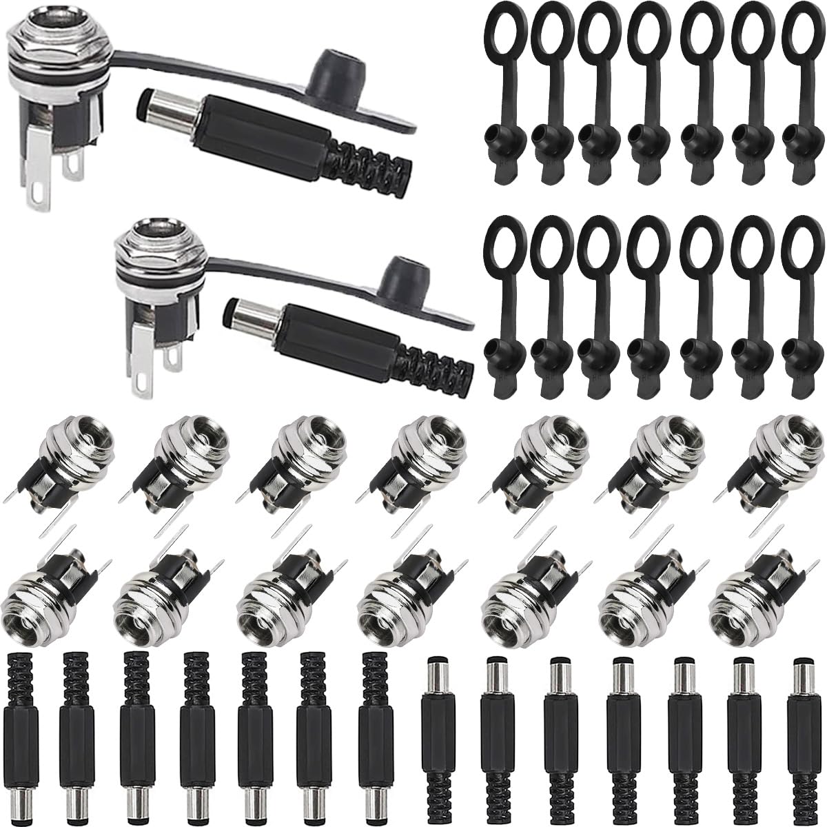 16 pcs DC Power Socket Connector Power Plug Welding Adapter 5.5 * 2.5mm DC Male Female Audio Connector + 16 pcs 5.5 * 2.1mm DC Male Female Audio Connector,with Rubber Protector Caps