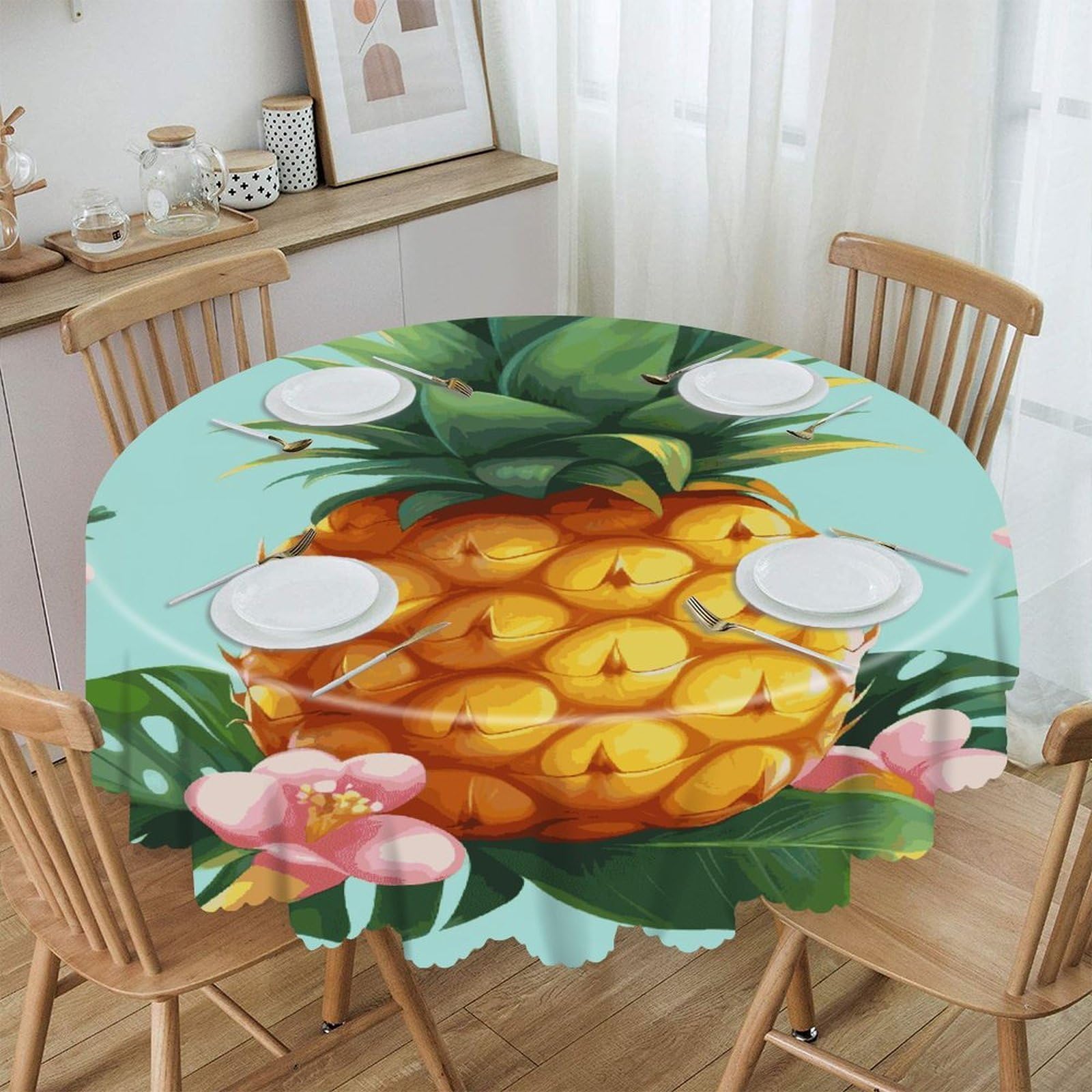 MUSM Tropical Pineapple Table Cloths Round Wrinkle Resistant Tablecloths Washable Polyester Table Cover Waterproof Decorative Washable Rustic Circle Tablecover for Kitchen Dining