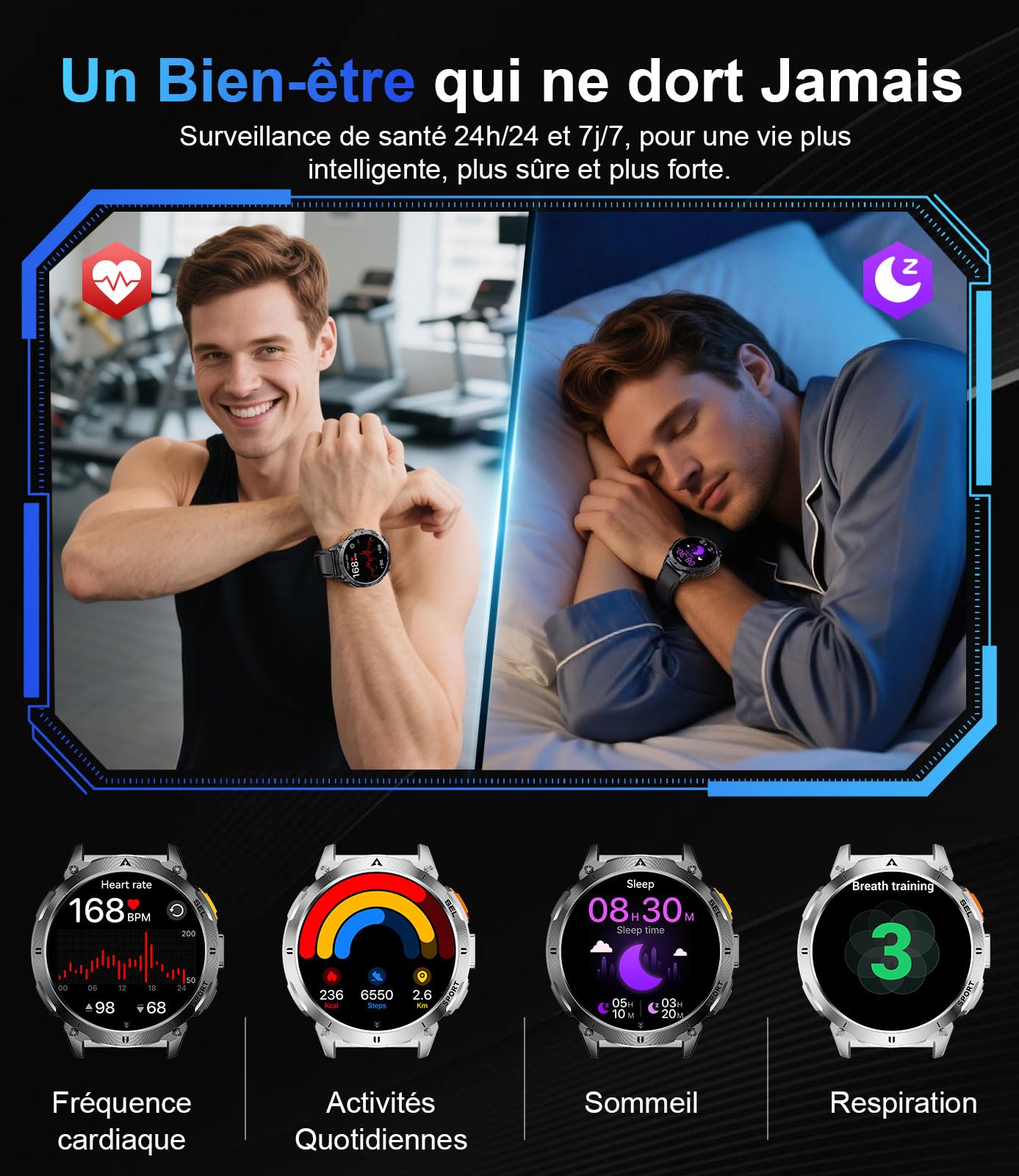 Montre Connectée Homme avec Appels Bluetooth et Écran HD AMOLED 1.62", Étanche IP68 et Batterie 730mAh Smartwatch avec 110+ Modes Sportifs/Sommeil Moniteur pour Android iOS, 2 Chargeurs(Type-C, USB)