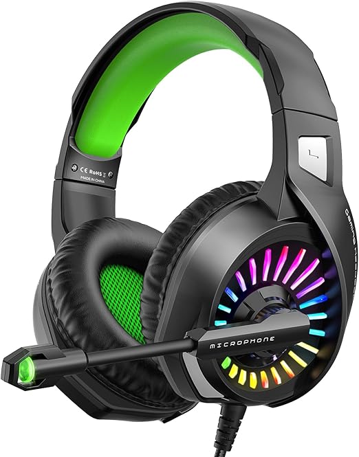 ZIUMIER Z20 Gaming Headset for PS4, PS5, Xbox One, Xbox Series S/X, PC, Switch, Wired Over-Ear Headphones with Noise Isolation Microphone, RGB LED Light, Surround Sound, Green