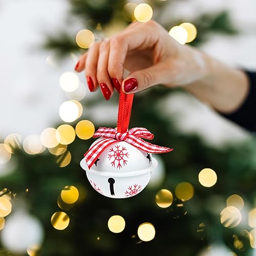 Miniatura 6 de TEHAUX 12 campanas de Navidad, cascabeles con cuerda, pequeñas campanas de estrella de Navidad con patrón de nieve, adornos de campana de Navidad