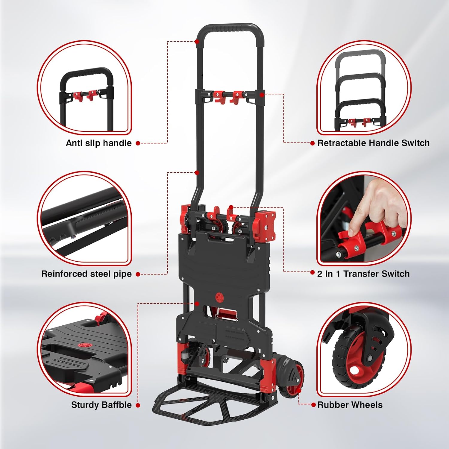 2-in-1 Folding Hand Truck Dolly 330LB Load Carrying,Hand Truck Foldable Dolly with Retractable Handle and 4 Rubber Wheels,Portable Folding Hand Cart for Shopping,Moving,Office