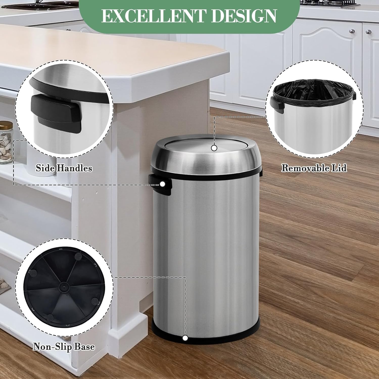 17 Gallon Swing Top Trash Can, 65L Large Stainless Steel Proof Kitchen Garbage Can with Swing Lid, Fingerprint-Resistant, Odor-Control for Restaurant, Home, Office(Silver)