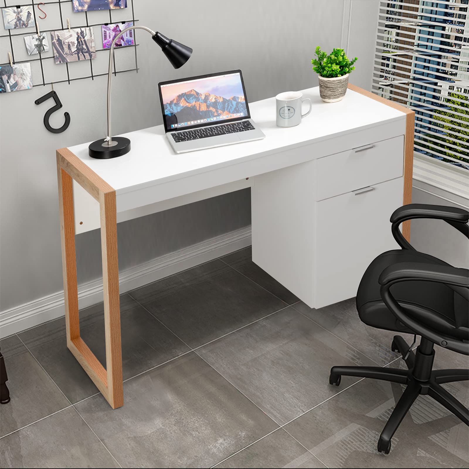 COSTWAY Escritorio para Ordenador, Mesa de Trabajo con Armario y Cajón, Diseño Simple y Elegante, Panel Espeso, Estructura Resistente, Escritorio con Superficie Lisa Casa y Oficina
