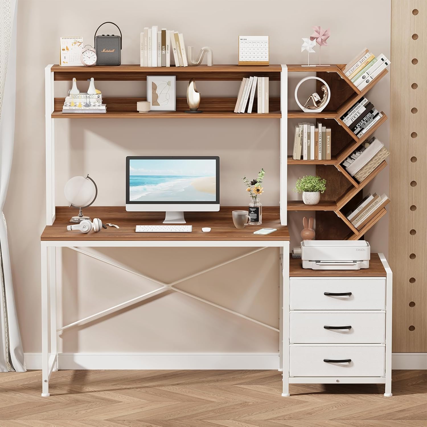 Reversible Computer Desk with Hutch, Home Office Desk with Drawers and Bookshelf, 52'' Study Writing Desk with Storage Shelves for Bedroom Home Office, White