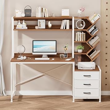 YOMILUVE Reversible Computer Desk with Hutch, Home Office Desk with Drawers and Bookshelf, 52 Study Writing Desk with Storage Shelves for Bedroom Home Office, Brown and White