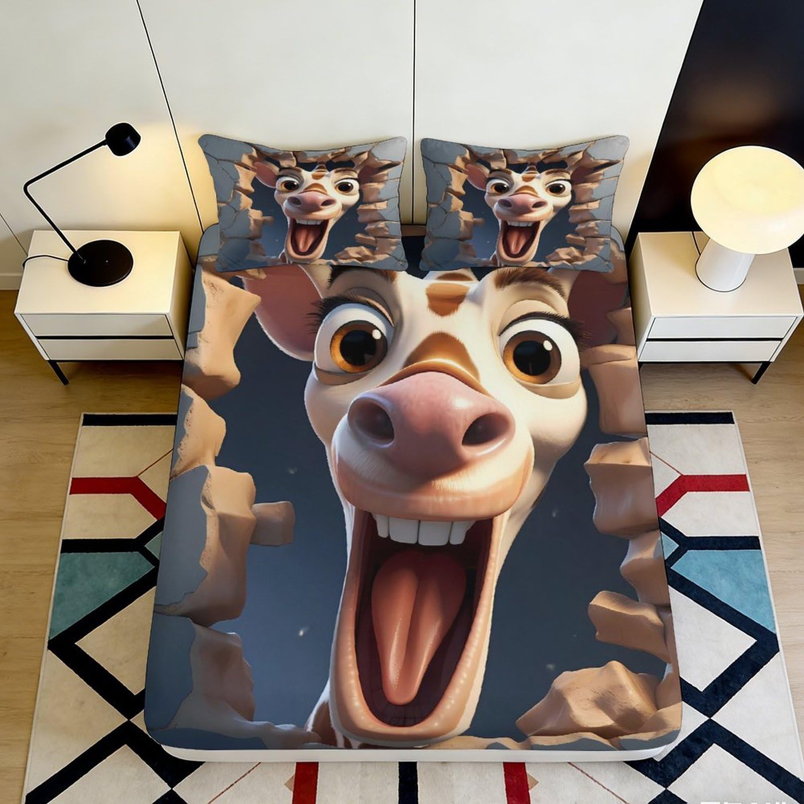3D Printed Cartoon Giraffe Fitted Sheet Microfiber Durable Soft 3D Printed Animal Bed Cover for Bedroom Dormitory Guest Room Mattress Protection 200x200x25cm