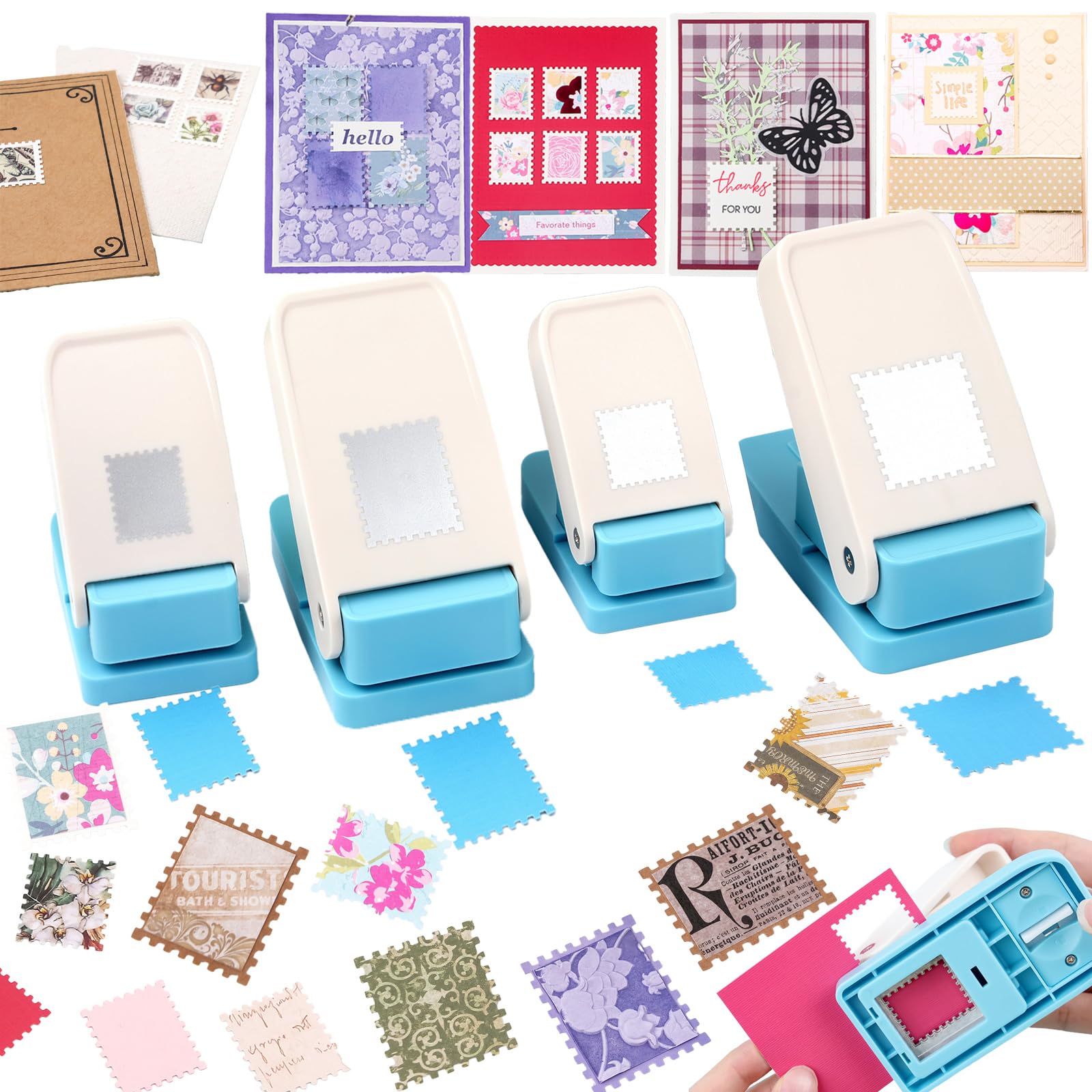 BAOFALI 4 Stück/Set Stempelstanzer, 2,3 x 3,8 cm, 3,8 cm, 2,5 cm, 3,2 x 3,8 cm, Briefmarkenlocher, Aktionspapierstanzer zum Basteln, Scrapbooking, Tagebuch, Kartenherstellung