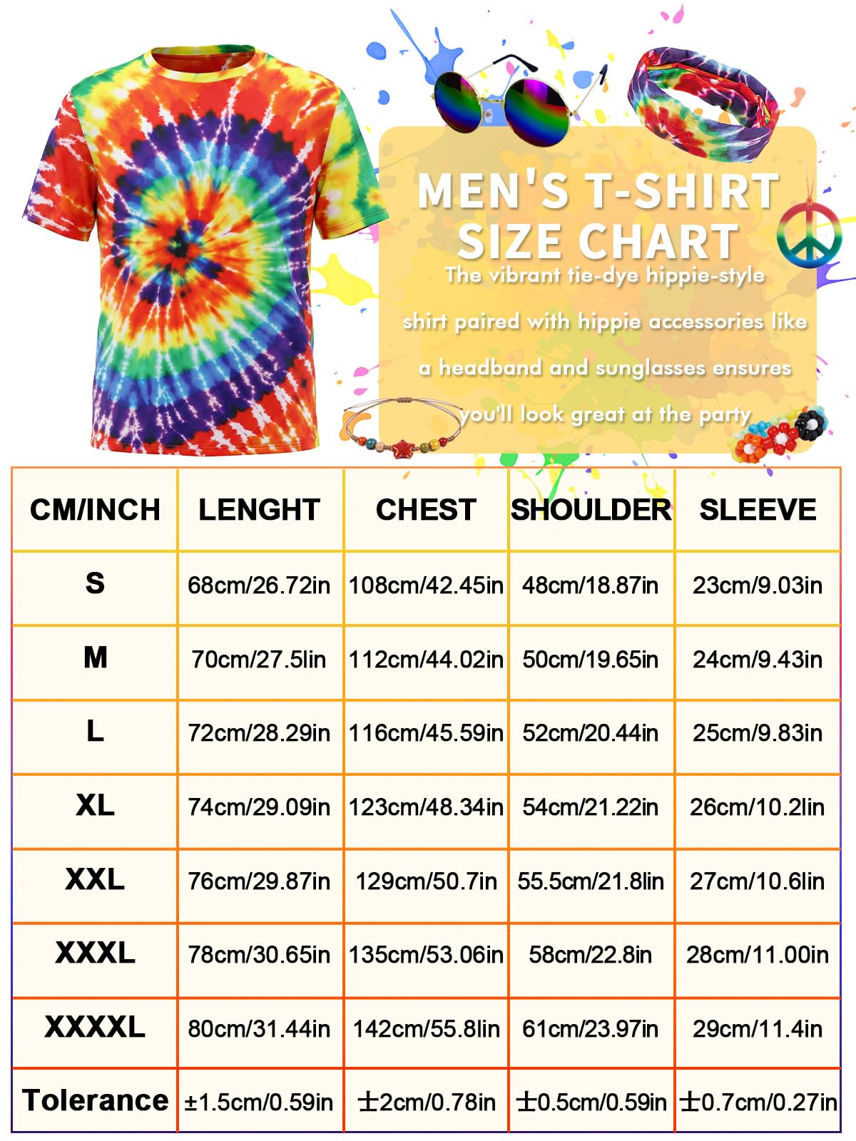 Hippie Kostüm für Herren 60er 70er Jahre Outfits Zubehör Tie Dye Shirt Set Fransen Karneval Weste Perücke Tie Dye Stirnband für Halloween