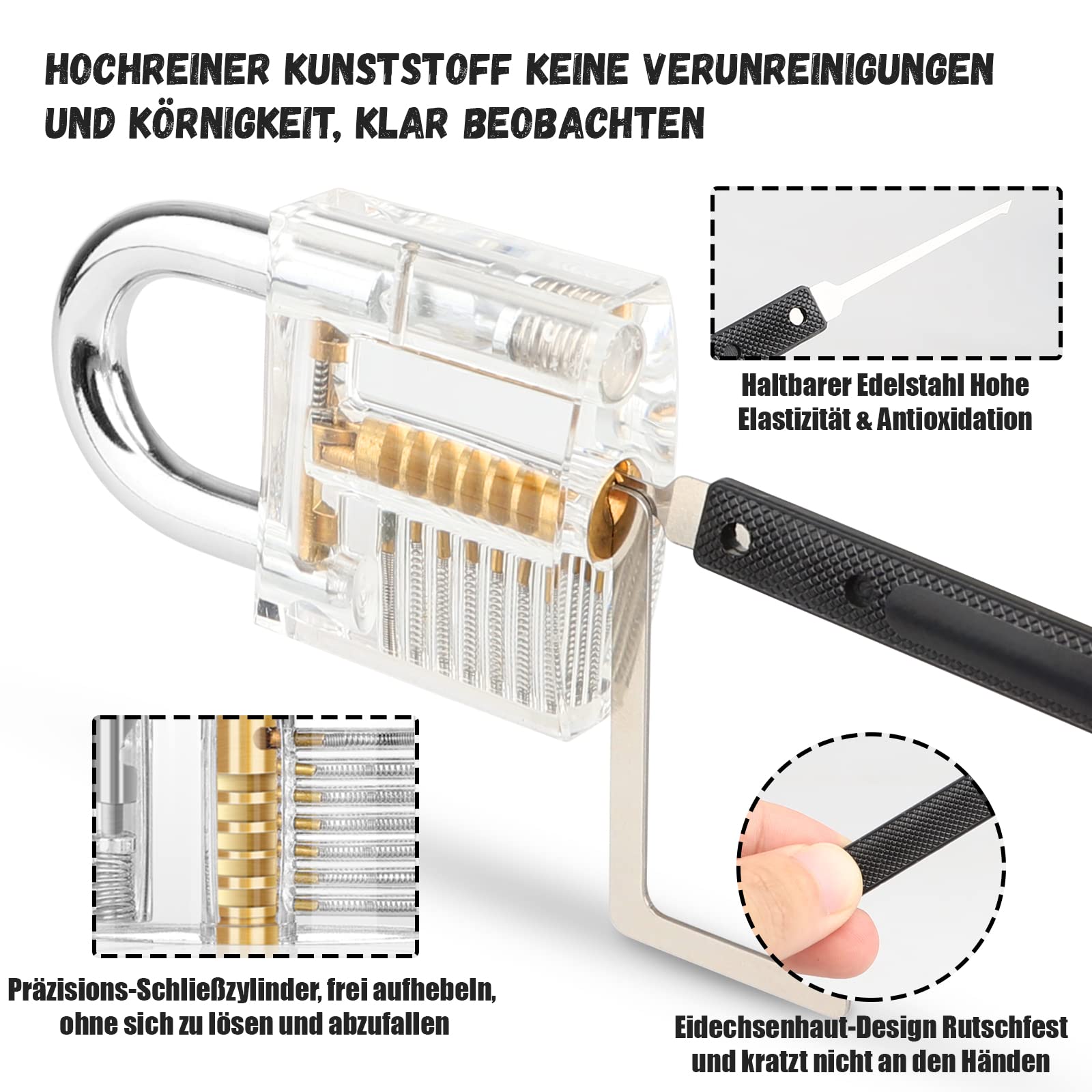 Diyife Kit de crochetage de serrure, 36 pièces, avec 4 serrures transparentes et 4 douilles noires, manuel pour débutants et serruriers professionnels, noir