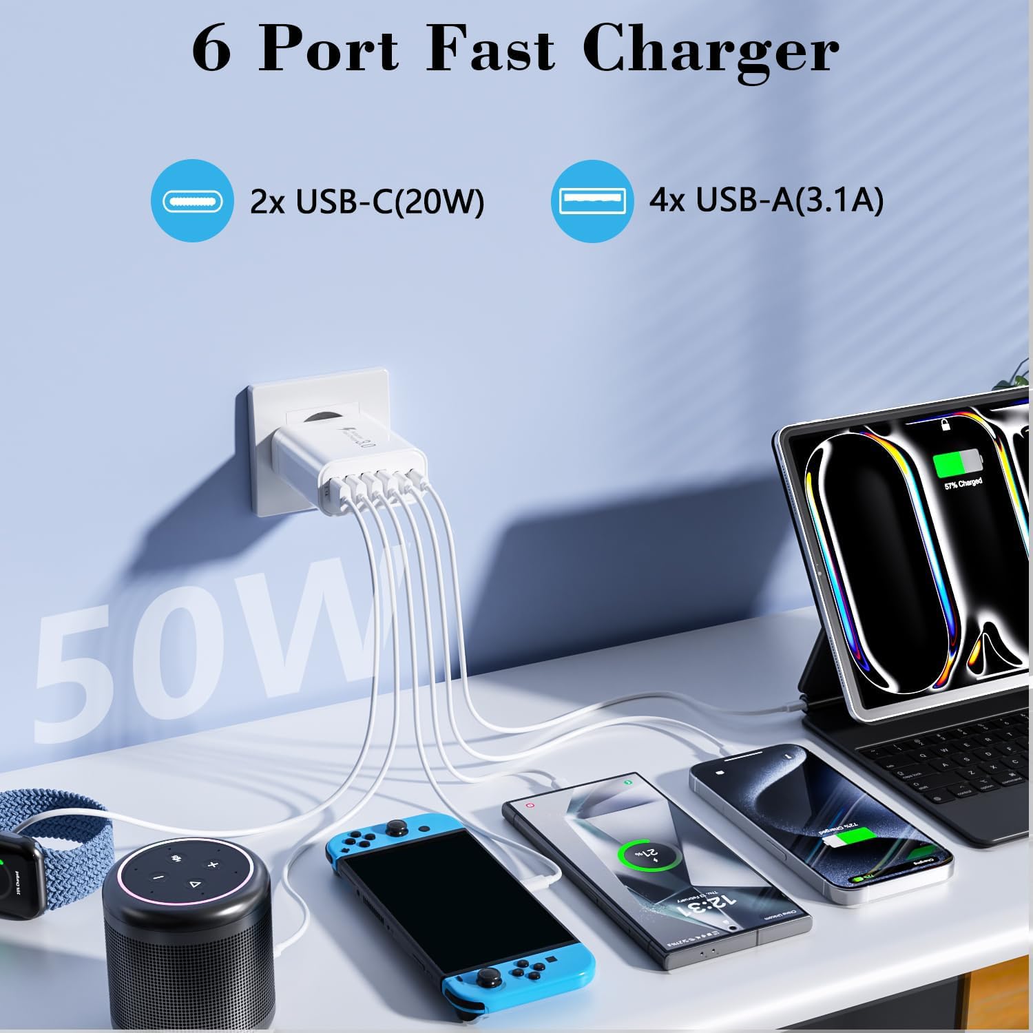 Lot de 2 chargeurs USB C, multi-ports, bloc de charge 52 W, 6 ports, chargeur rapide double PD, chargeur mural USB C de type C, adaptateur compatible avec iPhone 12/13/14/15/Samsung S24/S23/S22.