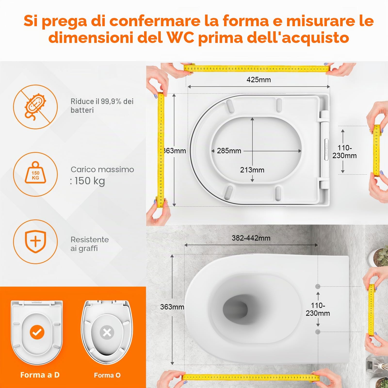 GRIFEMA G951 Sedile WC a Forma di D, Copriwater Universale in Urea Formaldeide, Tavoletta WC con Chiusura Ammortizzata, Sgancio Rapido, Antibatterico e Facile da Pulire, Effetto Porcellana Bianco