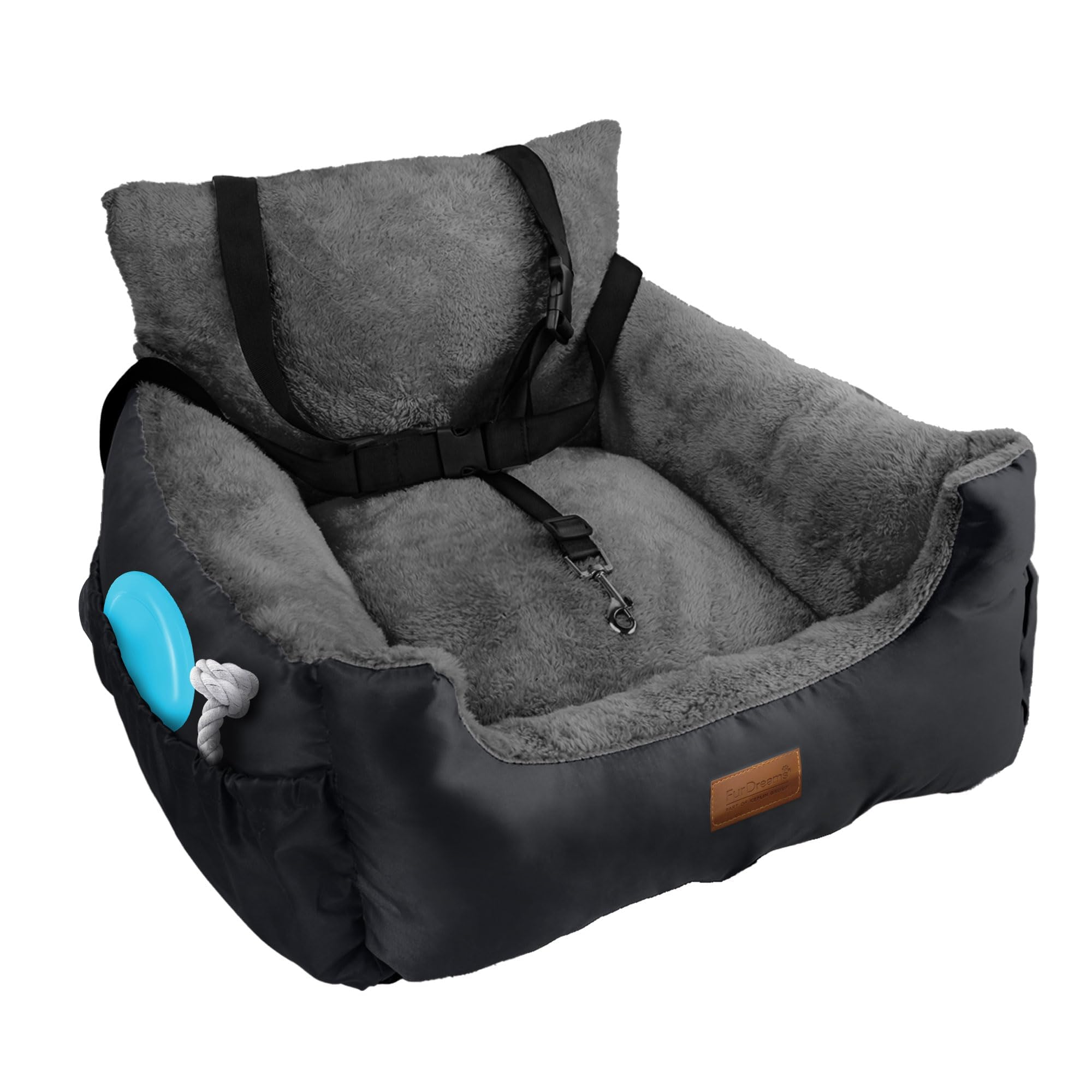 Furdreams Dog Car Seat (Black/Grey), Plush & Cosy Pet Car Booster Seat for Small Dogs & Cats with Storage Pocket, Dogs Bed with Safety Leash, Waterproof Liner & Non-Slip Base, Dog Travel Bed