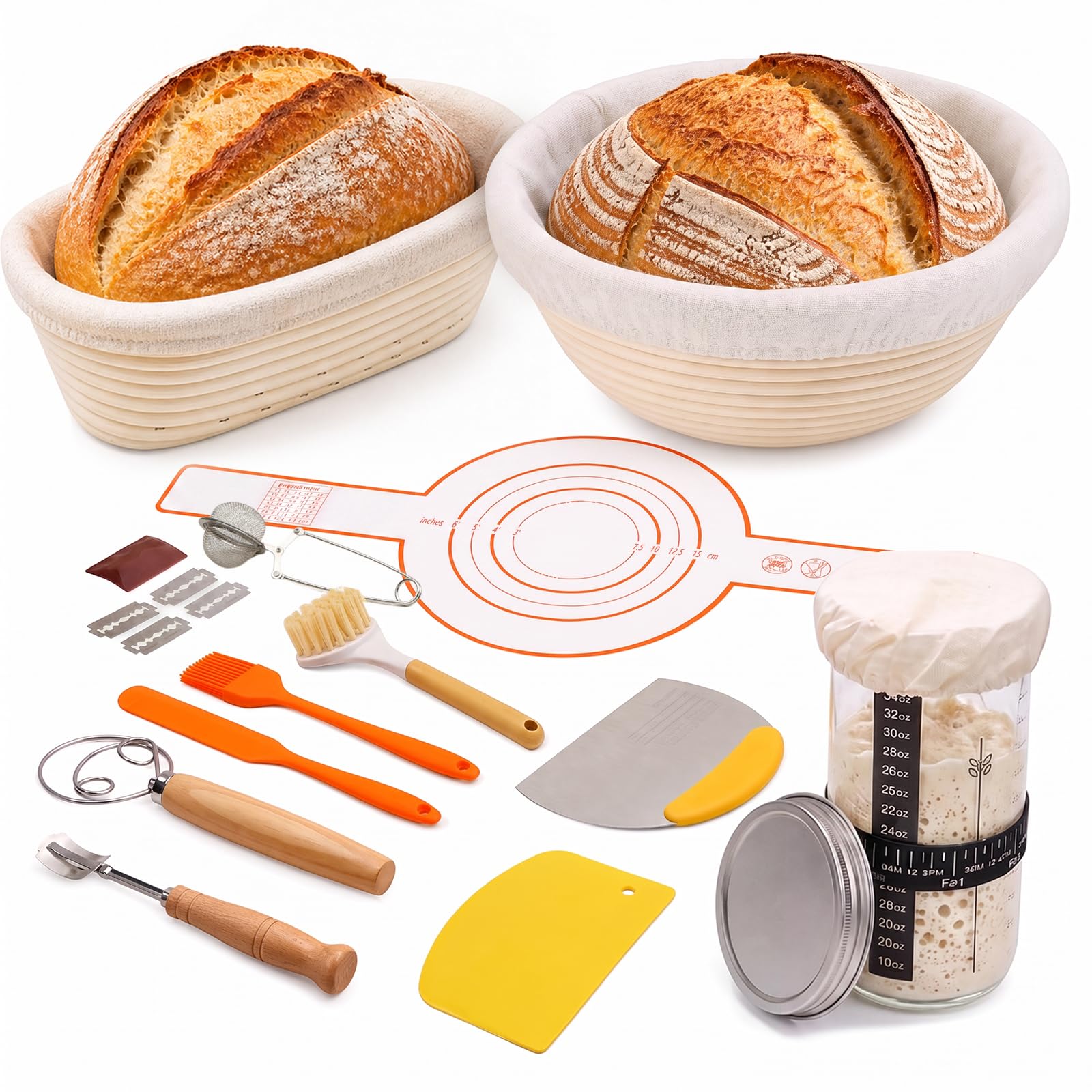 Sauerteig Starter Set, Gärkörbchen Rund und Oval zum Brot backen