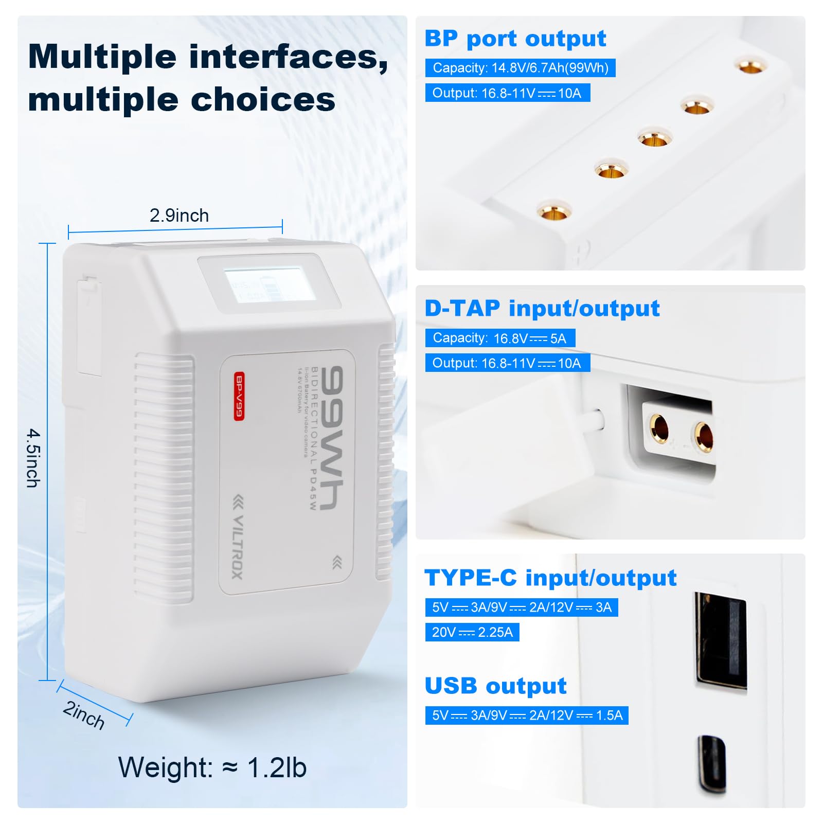 VILTROX V-mount battery 6700mAh Mini V Lock battery 99Wh/14.8V with LCD display, Dual D-Tape & USB output, white mini V Lock battery in camcorders, cameras, LED lights, monitors, smartphones and