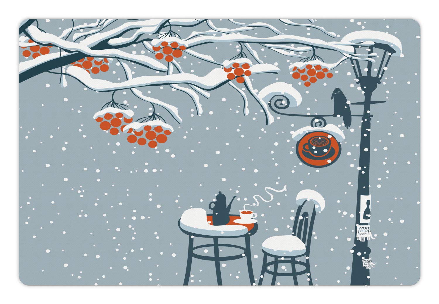 Lunarable Crow Pet Mat for Food and Water, Winter Landscape Open-air Cafe with Snow Covered Branches and Clusters of a Rowan Tree, Rectangle Non-Slip Rubber Mat for Dogs and Cats, Multicolor