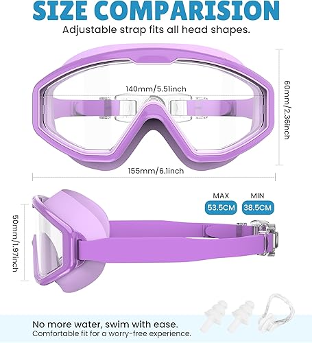 Vista 4 de NSSIW Gafas de natación para niños, antiniebla, sin fugas, con clip para la nariz, tapones para los oídos para niñas, niños y jóvenes, 6-14, paquete