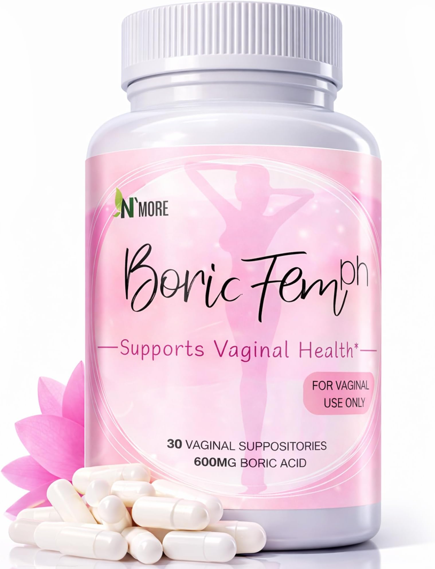 N'More Boric Acid Vaginal Suppositories - 30 Count, 600mg (Recommended Dosage) - 100% Pure Made in USA