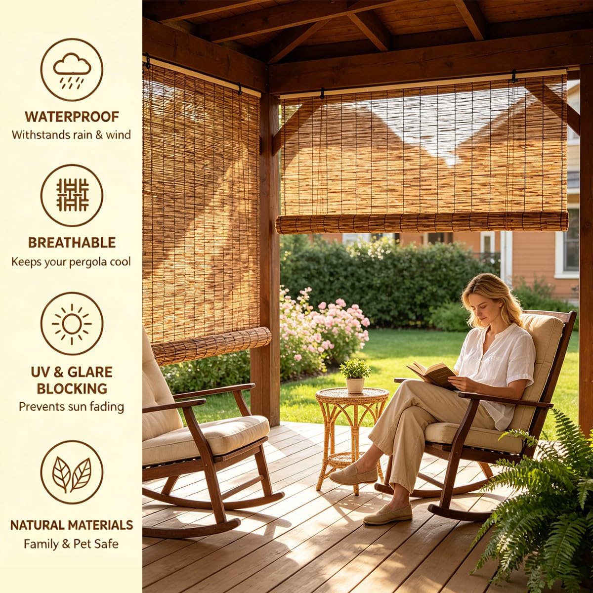 Store Bambou Intérieur sans Percage, 80 100 120 130 135 140 145 155 160 cm Store Enrouleur Bambou Naturel, Rideau Thermique Occultant pour Pergola Balcon Terrasse(W140 cm x H240 cm)
