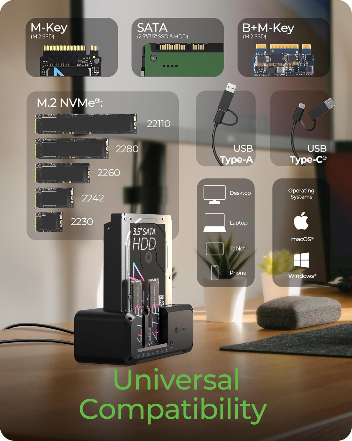 M.2 NVMe & SATA SSD/HDD Hard Drive Docking Station, ICY BOX USB-C 10Gbps NVMe Cloner&Reader, TripleBay Hard Drive cloner for 2.5"/3.5" SSD&HDD Hard Drives, Offline Cloning, Tool-Free (3 Bay) - Image 4